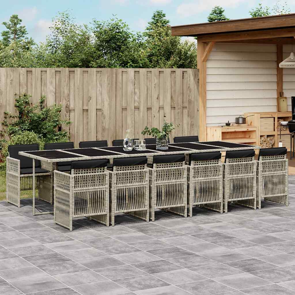 13 Pcs conj. jantar jardim c/ almofadões vime PE cinzento-claro