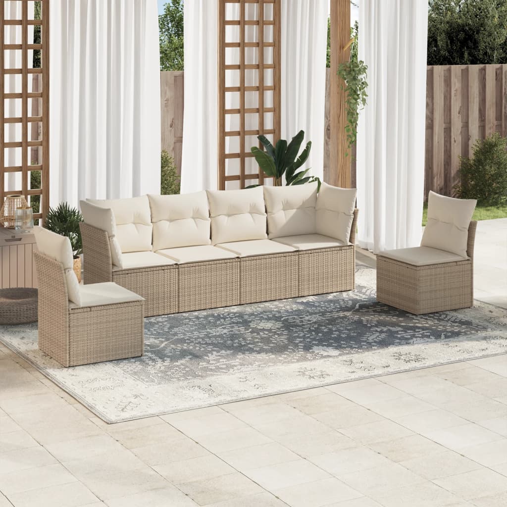 6 Pcs conjunto de sofás p/ jardim com almofadões vime PE bege