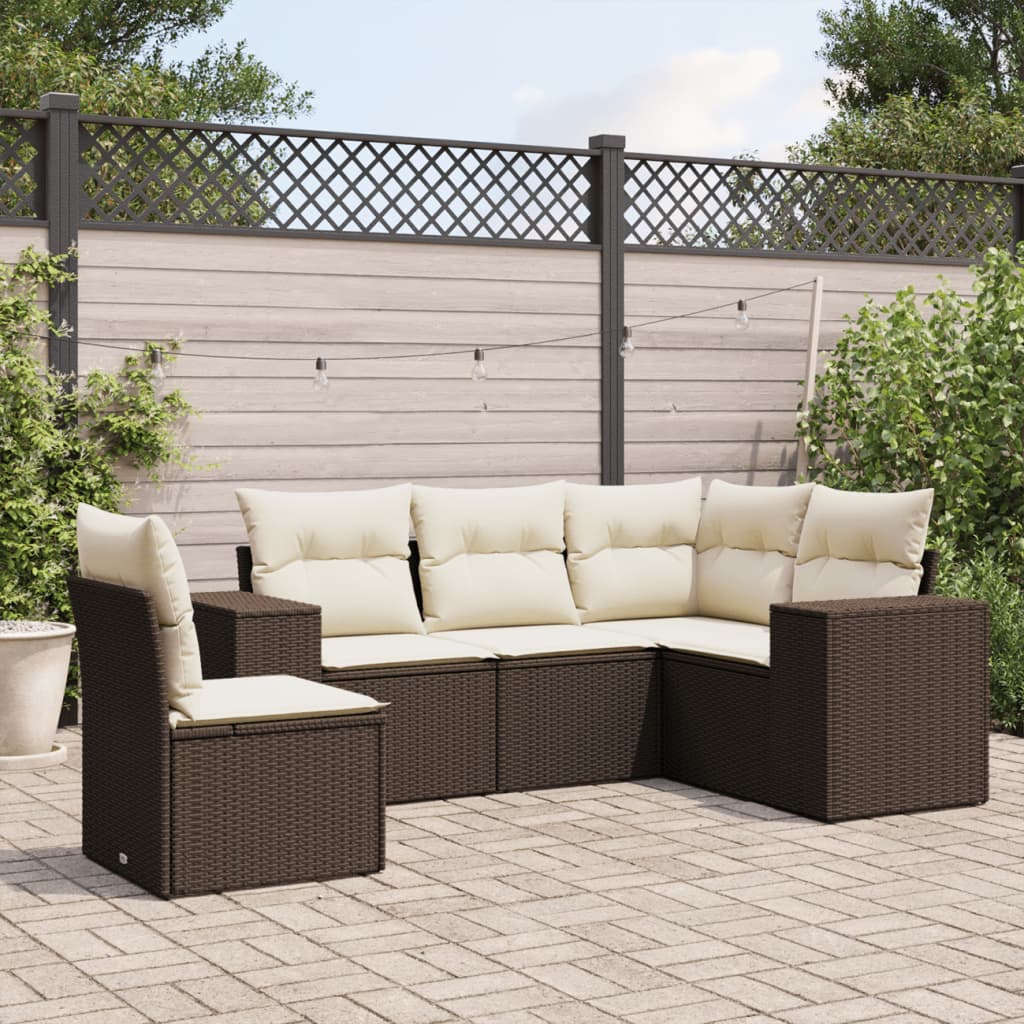 5 Pcs conjunto sofás p/ jardim c/ almofadões vime PE castanho