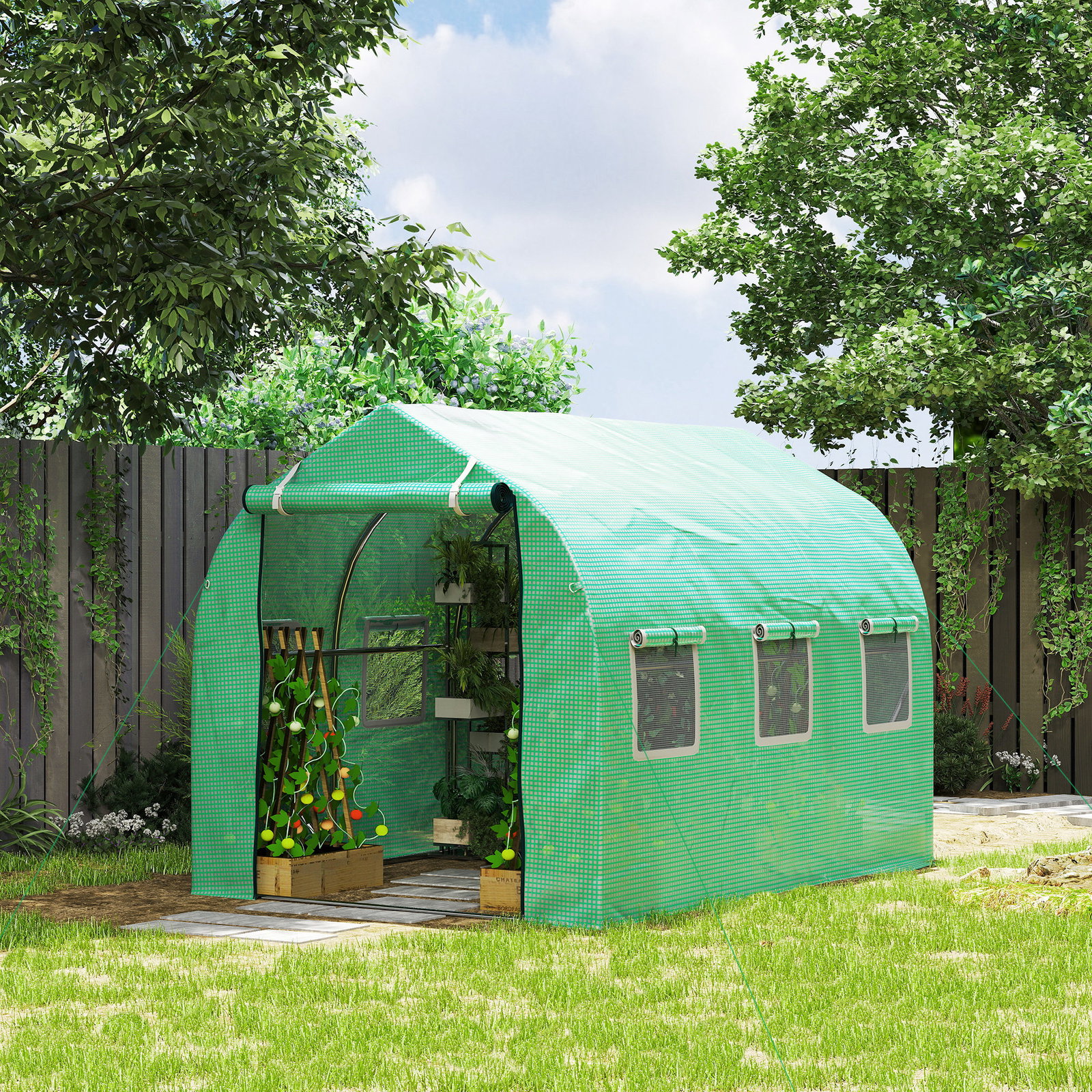 Estufa tipo Túnel 3x2x2 m Estufa de Exterior com 6 Janelas de Malha e Porta Estufa de Cultivos para Pátio Jardim Verde