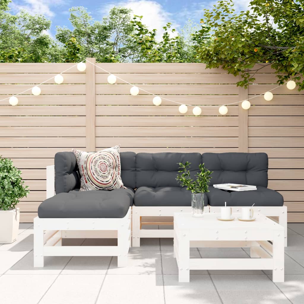 5Pcs conjunto lounge jardim c/ almofadões madeira maciça branco