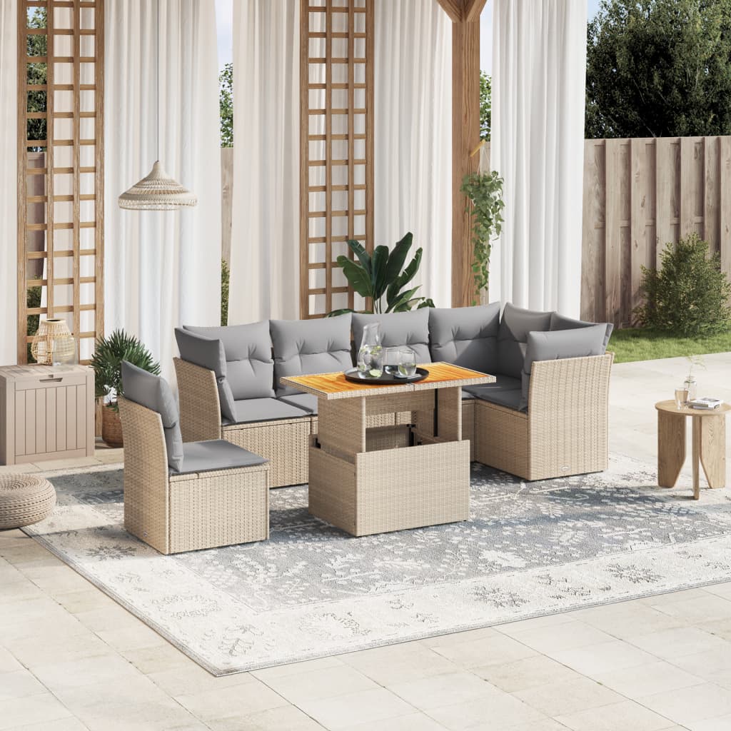 7 Pcs conjunto de sofás p/ jardim com almofadões vime PE bege