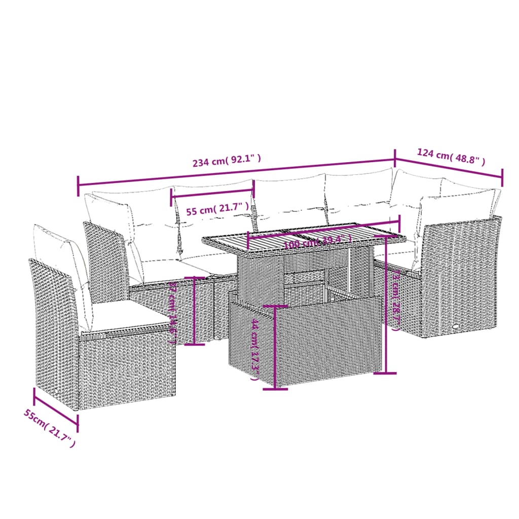7 Pcs conjunto de sofás p/ jardim com almofadões vime PE bege