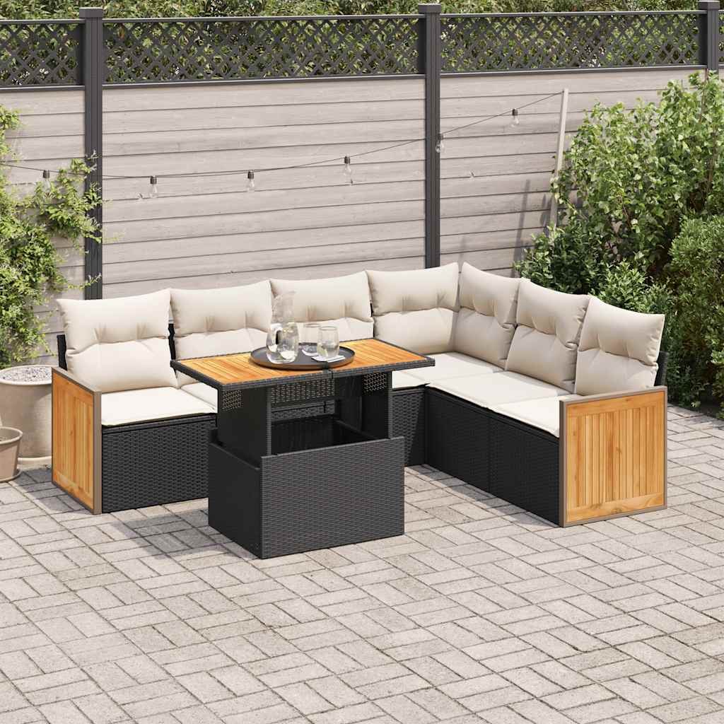 7 Pcs conjunto sofás jardim c/ almofadões vime PE/acácia preto