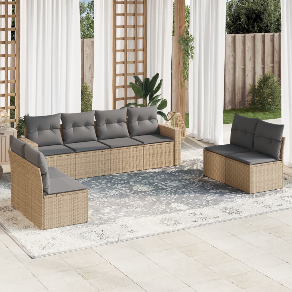 8 Pcs conjunto de sofás p/ jardim com almofadões vime PE bege