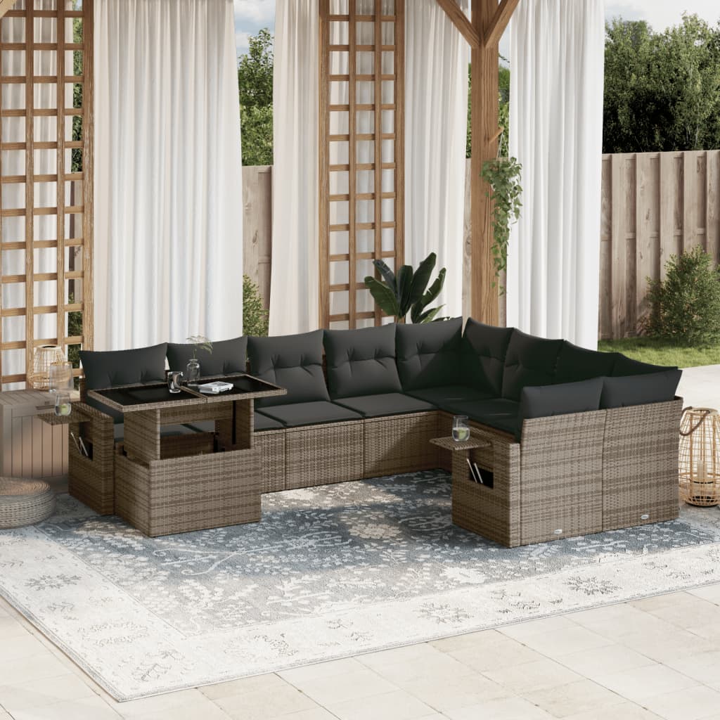 10 Pcs conjunto sofás de jardim c/ almofadões vime PE cinzento
