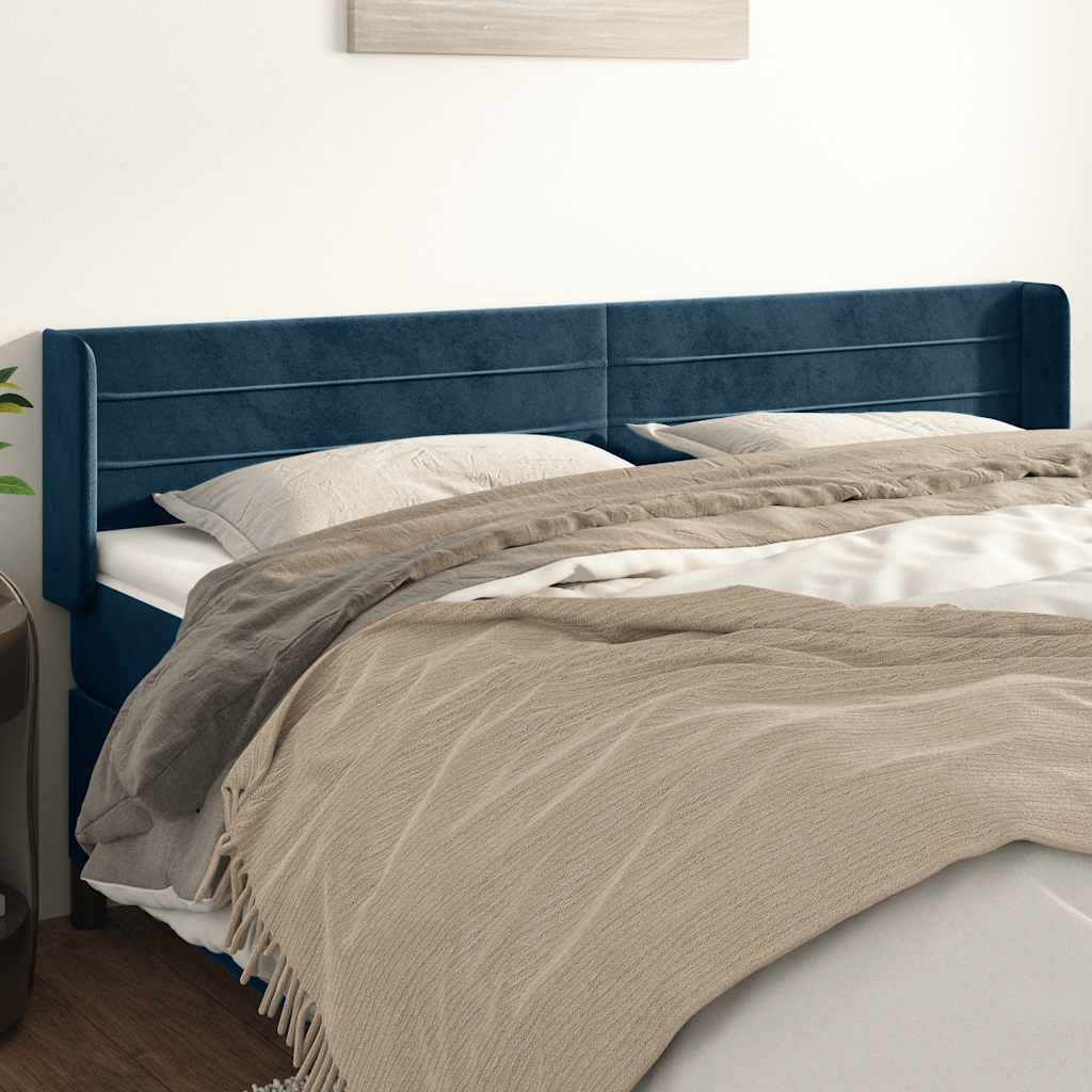 Cabeceira de cama c/ abas veludo 163x16x78/88cm azul-escuro