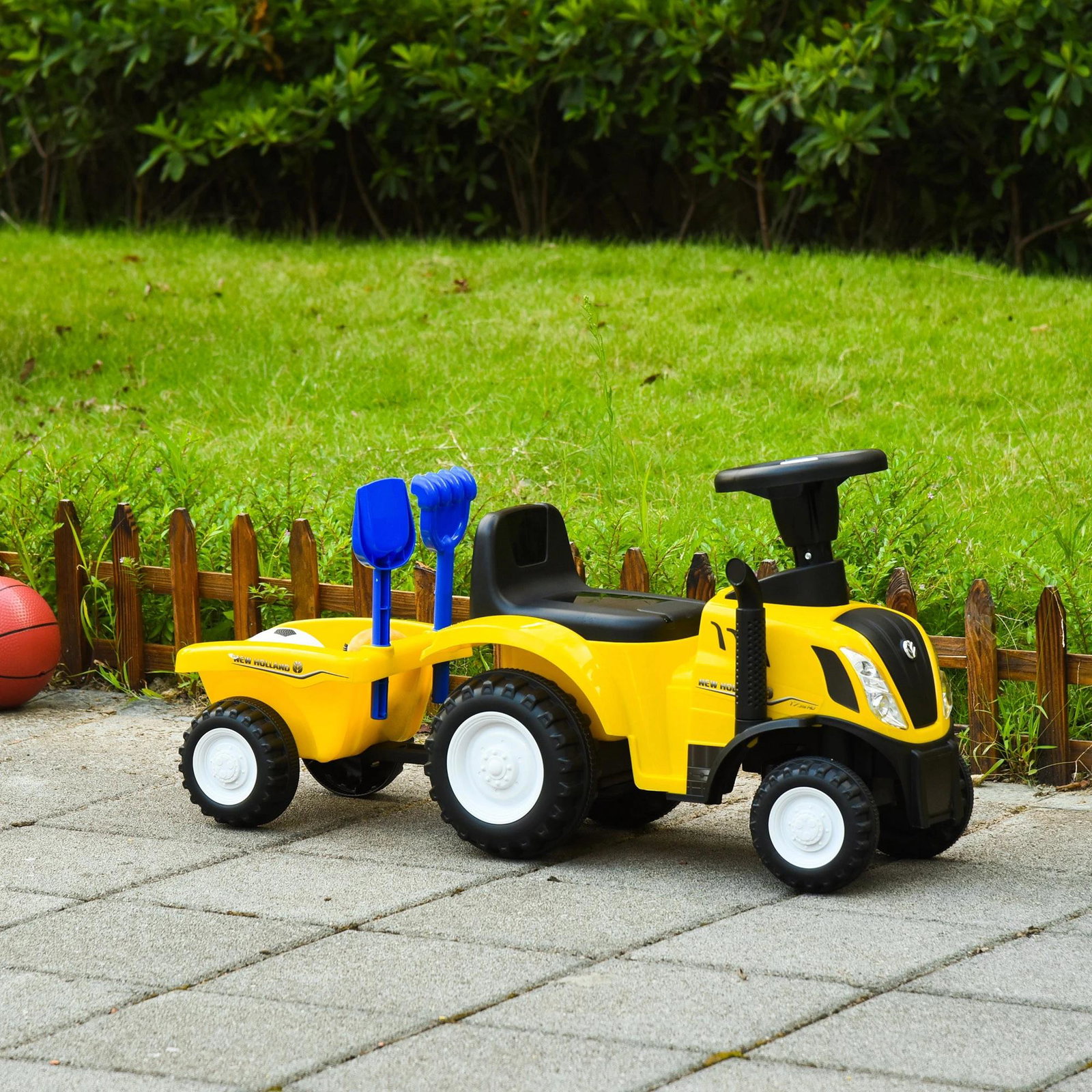 Trator para Crianças de 12-36 Meses com Reboque Removível Carro Andador com Buzina Farol Pá e Ancinho Carga 25kg 91x29x44cm Amar