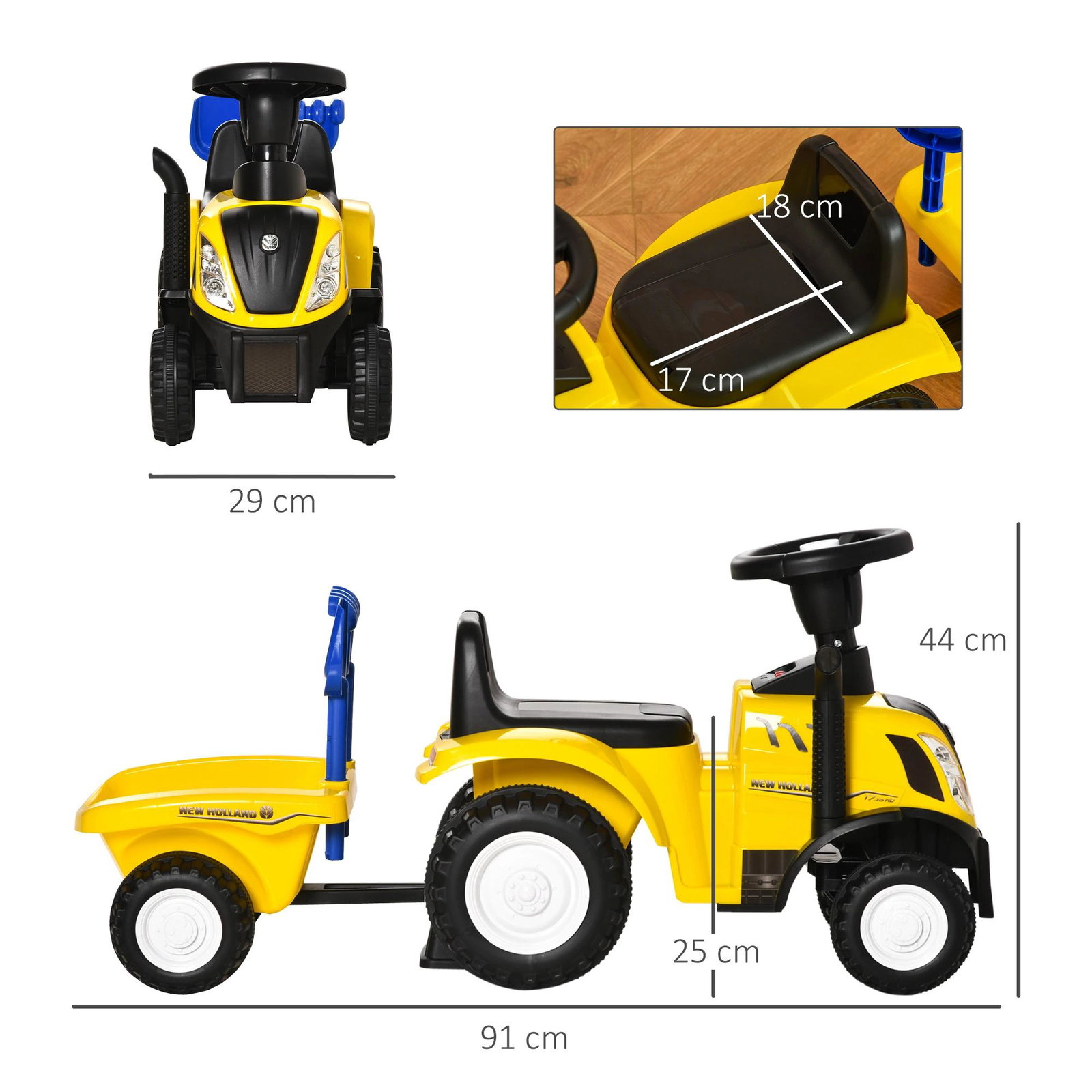 Trator para Crianças de 12-36 Meses com Reboque Removível Carro Andador com Buzina Farol Pá e Ancinho Carga 25kg 91x29x44cm Amar