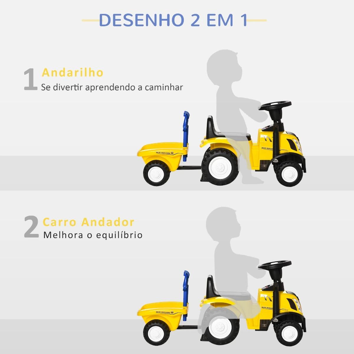 Trator para Crianças de 12-36 Meses com Reboque Removível Carro Andador com Buzina Farol Pá e Ancinho Carga 25kg 91x29x44cm Amar