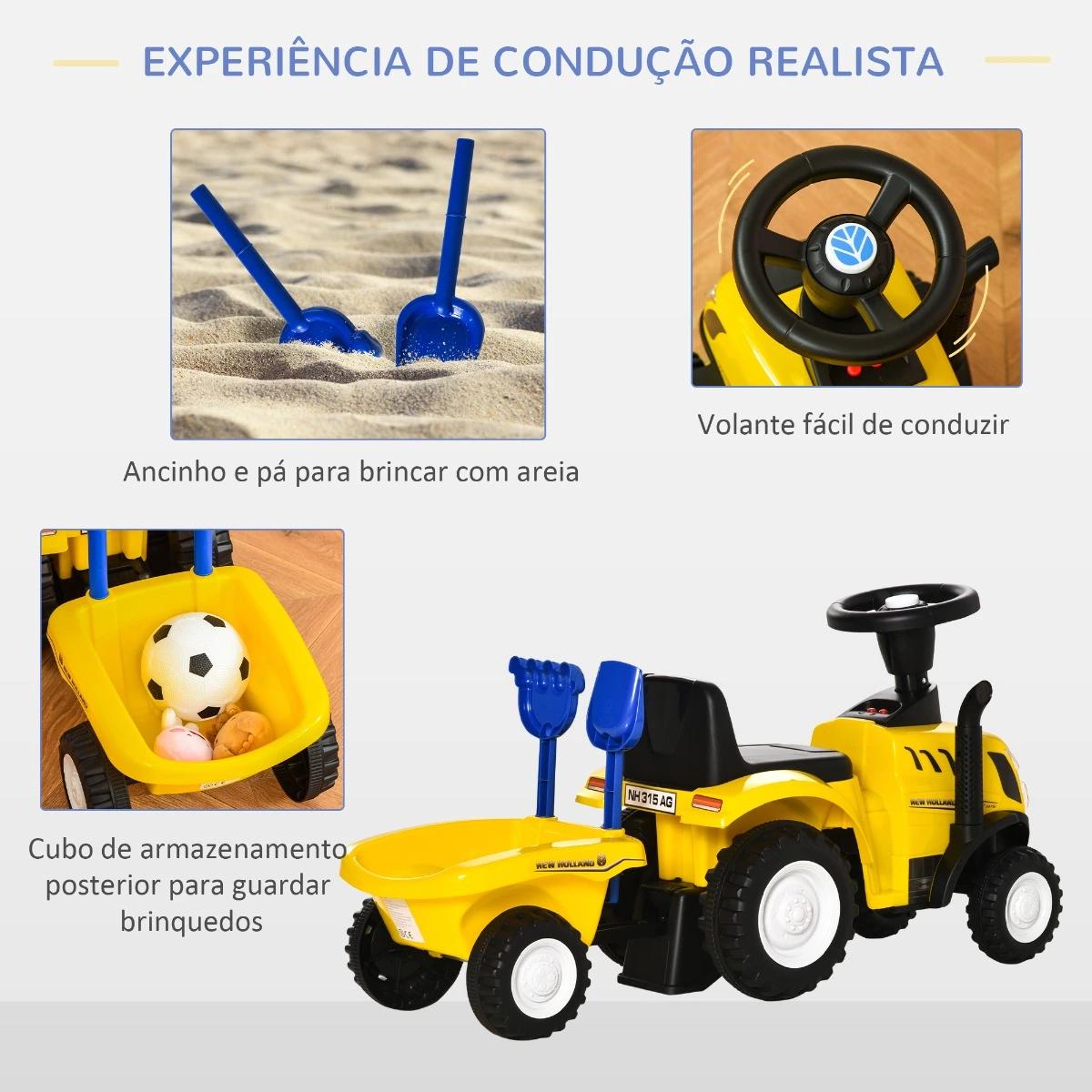Trator para Crianças de 12-36 Meses com Reboque Removível Carro Andador com Buzina Farol Pá e Ancinho Carga 25kg 91x29x44cm Amar