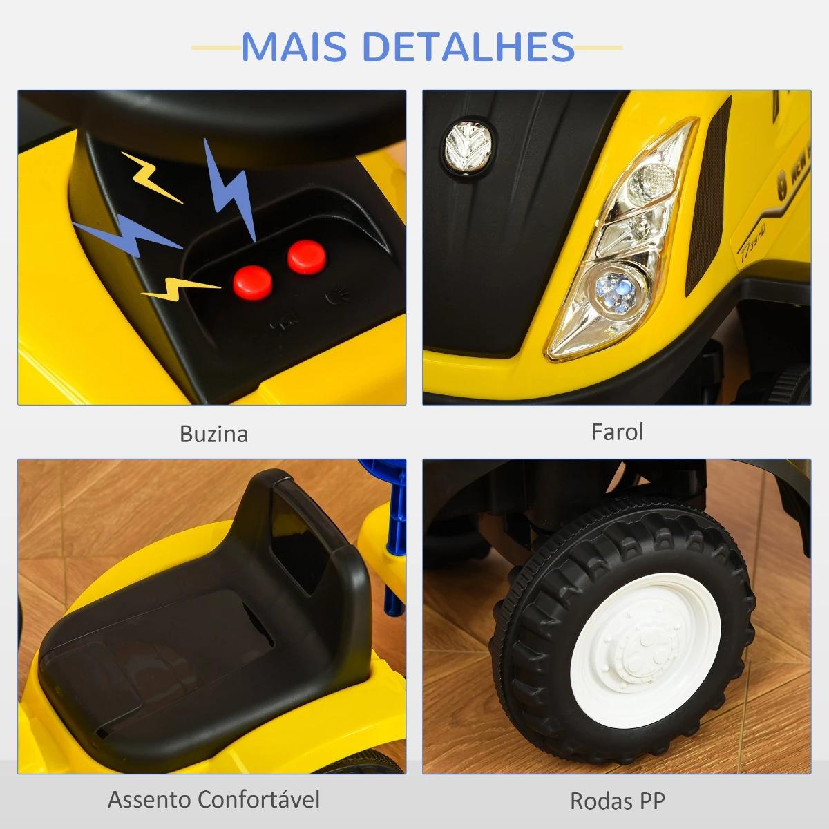 Trator para Crianças de 12-36 Meses com Reboque Removível Carro Andador com Buzina Farol Pá e Ancinho Carga 25kg 91x29x44cm Amar