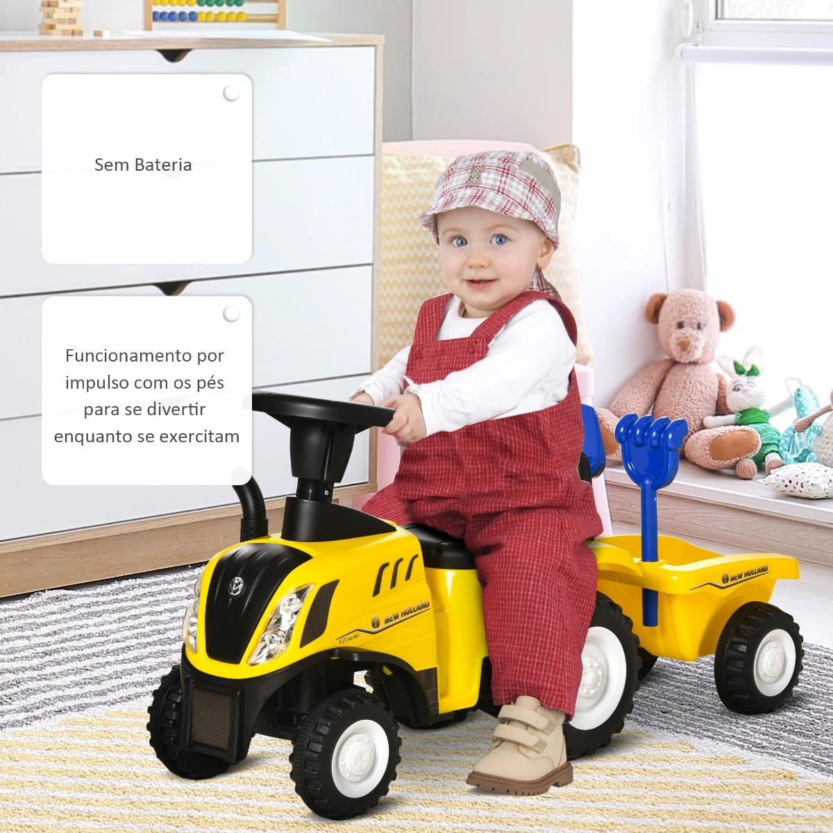 Trator para Crianças de 12-36 Meses com Reboque Removível Carro Andador com Buzina Farol Pá e Ancinho Carga 25kg 91x29x44cm Amar