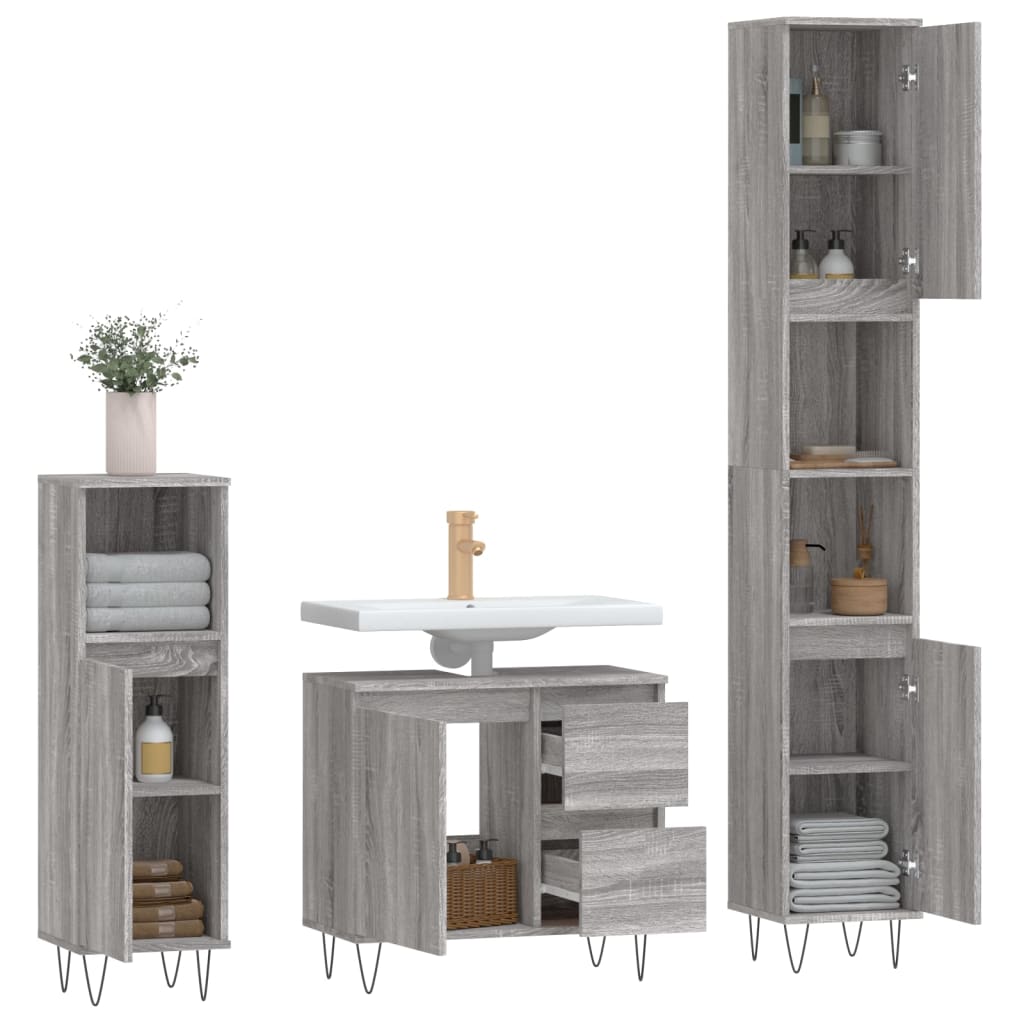3 Pcs conjunto móveis casa de banho madeira proc. cinza sonoma
