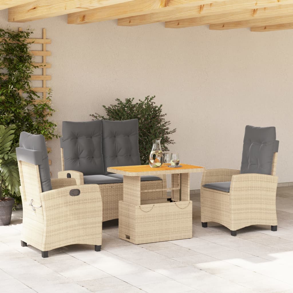 4 Pcs conjunto de jantar p/ jardim c/ almofadões vime PE bege