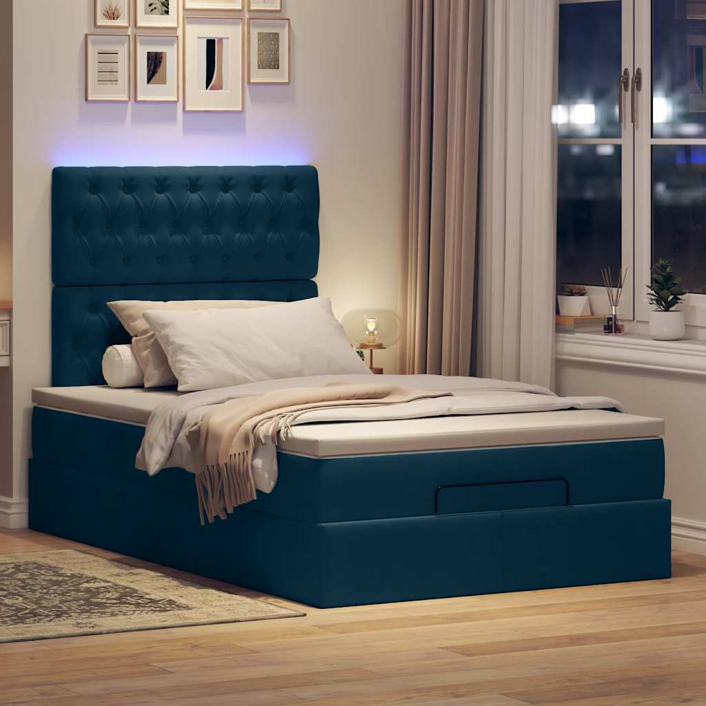 Estrutura de cama otomana com colchões azul escuro veludo
