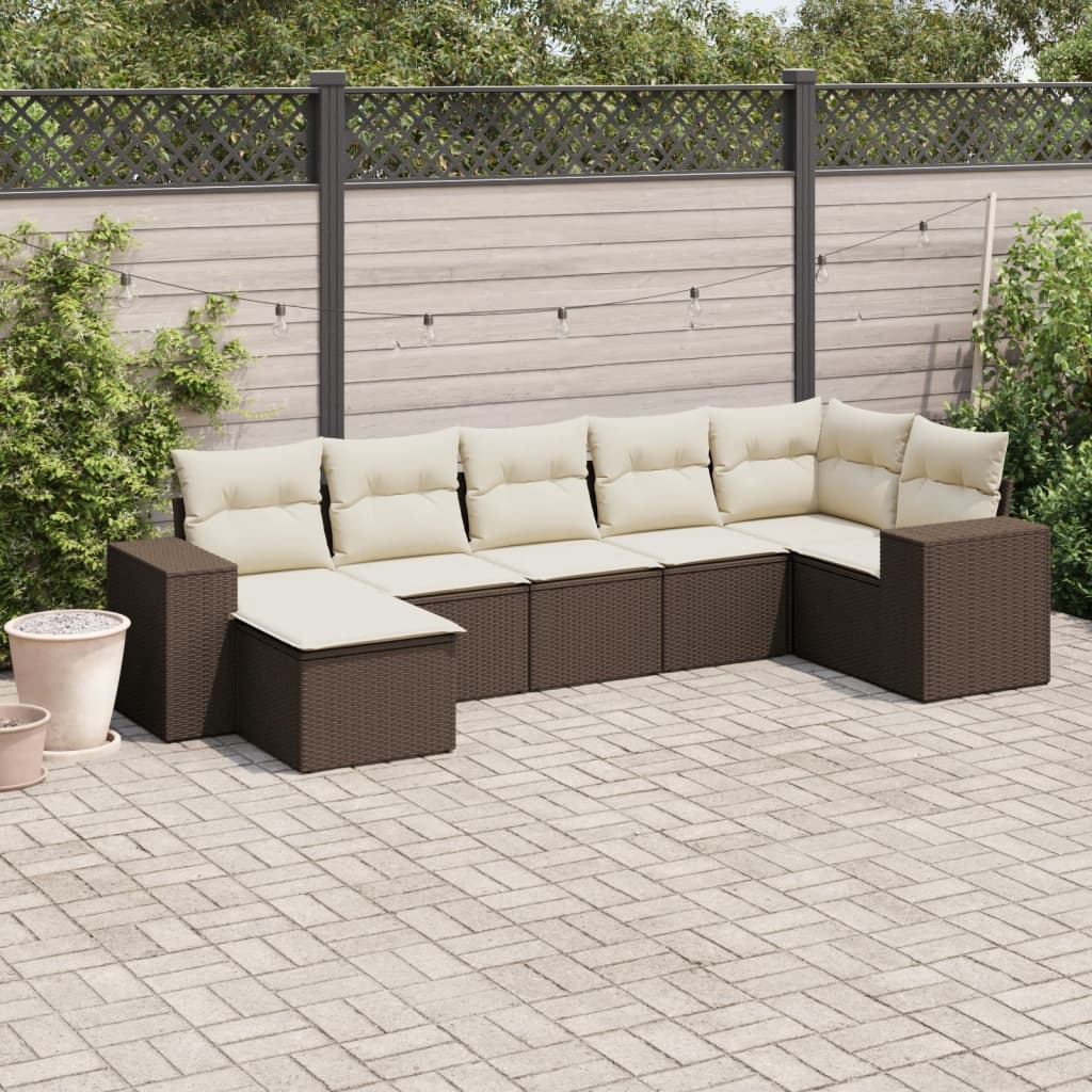 7 Pcs conjunto de sofás jardim c/ almofadões vime PE castanho