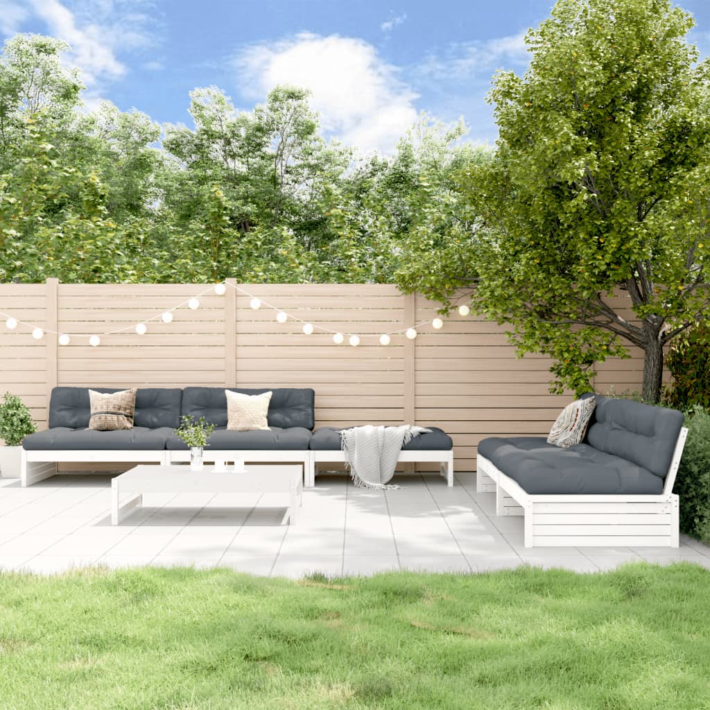 6Pcs conjunto lounge jardim c/ almofadões madeira maciça branco