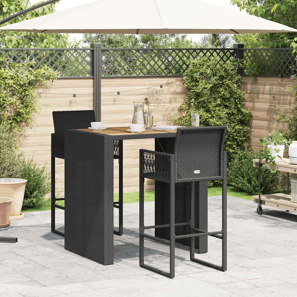 3 Pcs conj. de bar jardim sem almofadões vime PE/acácia preto