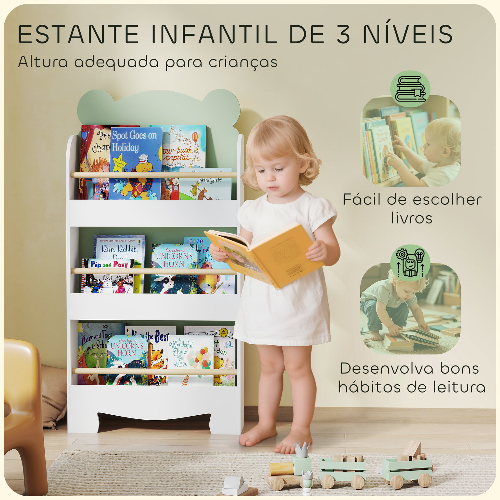 Estante infantil 3 níveis design de ursinho cantos arredondados e barreiras de segurança para livros e brinquedos verde