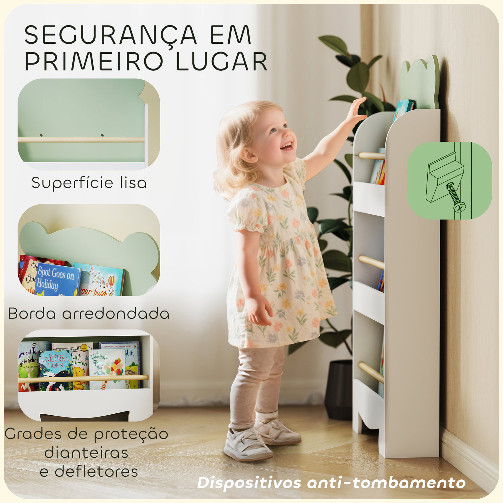 Estante infantil 3 níveis design de ursinho cantos arredondados e barreiras de segurança para livros e brinquedos verde