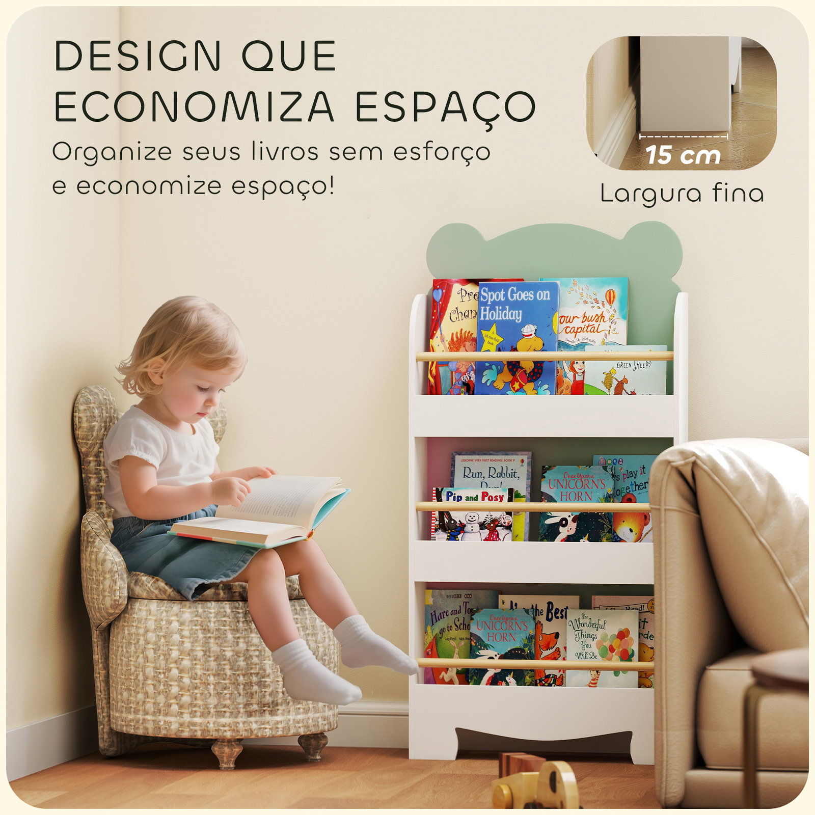 Estante infantil 3 níveis design de ursinho cantos arredondados e barreiras de segurança para livros e brinquedos verde
