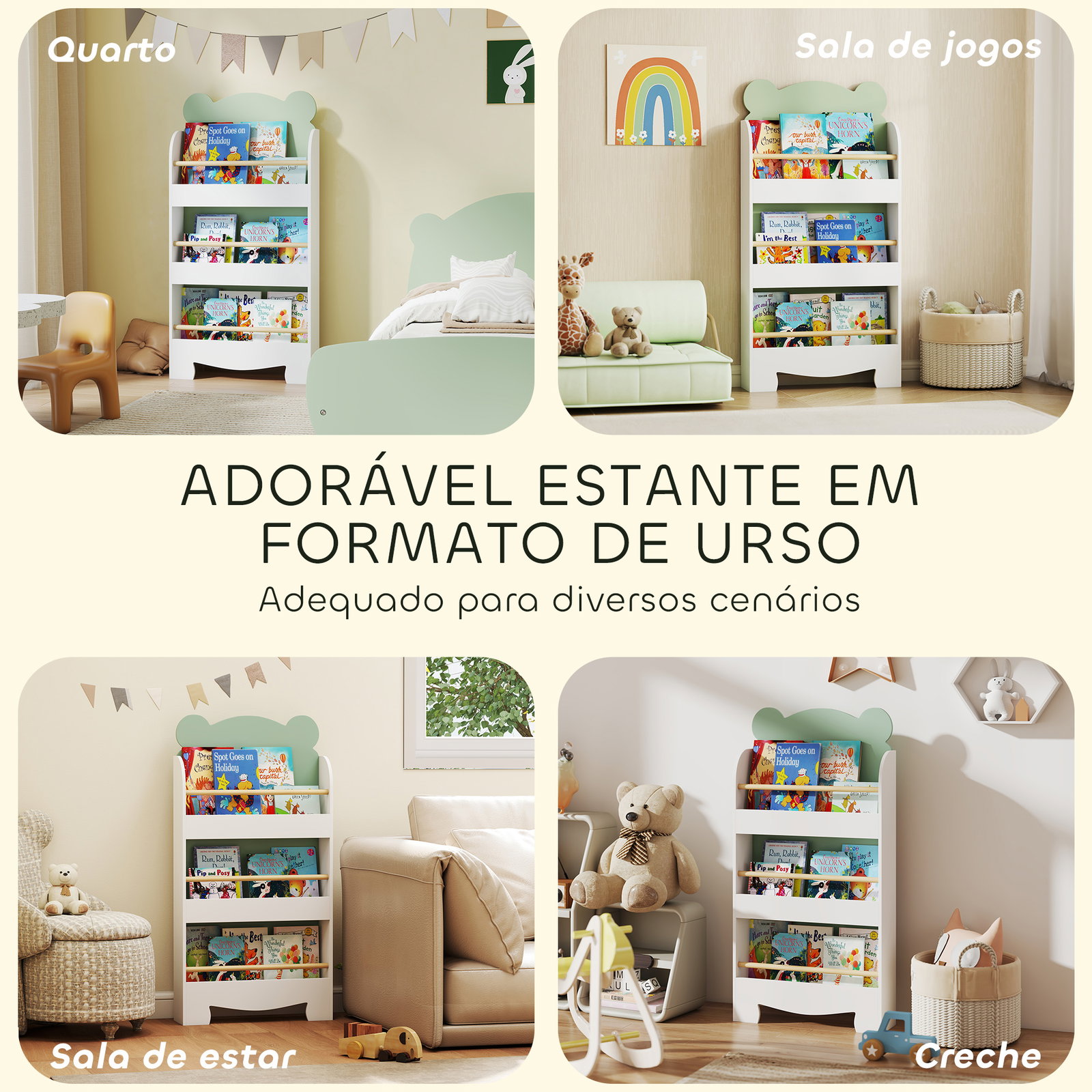 Estante infantil 3 níveis design de ursinho cantos arredondados e barreiras de segurança para livros e brinquedos verde