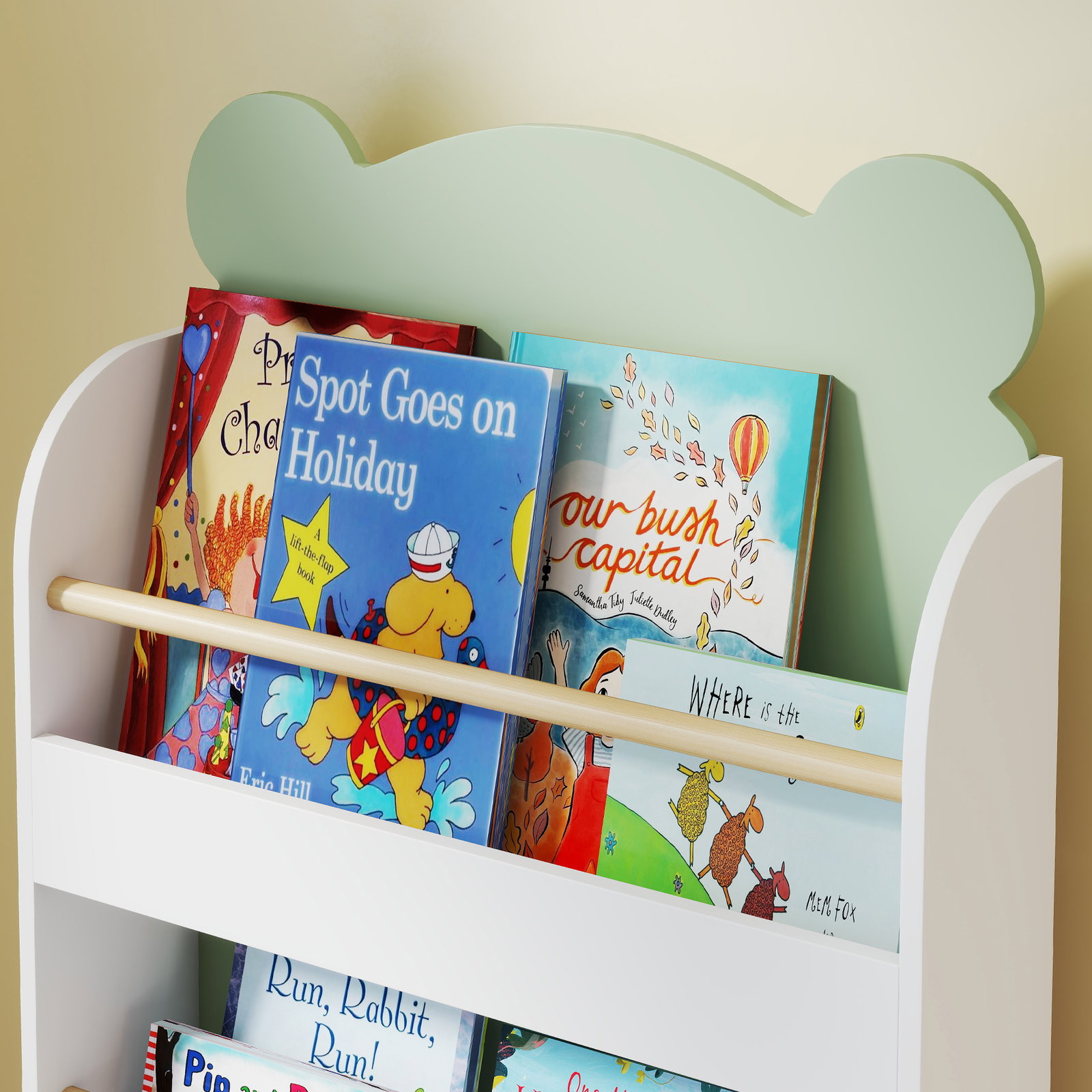 Estante infantil 3 níveis design de ursinho cantos arredondados e barreiras de segurança para livros e brinquedos verde