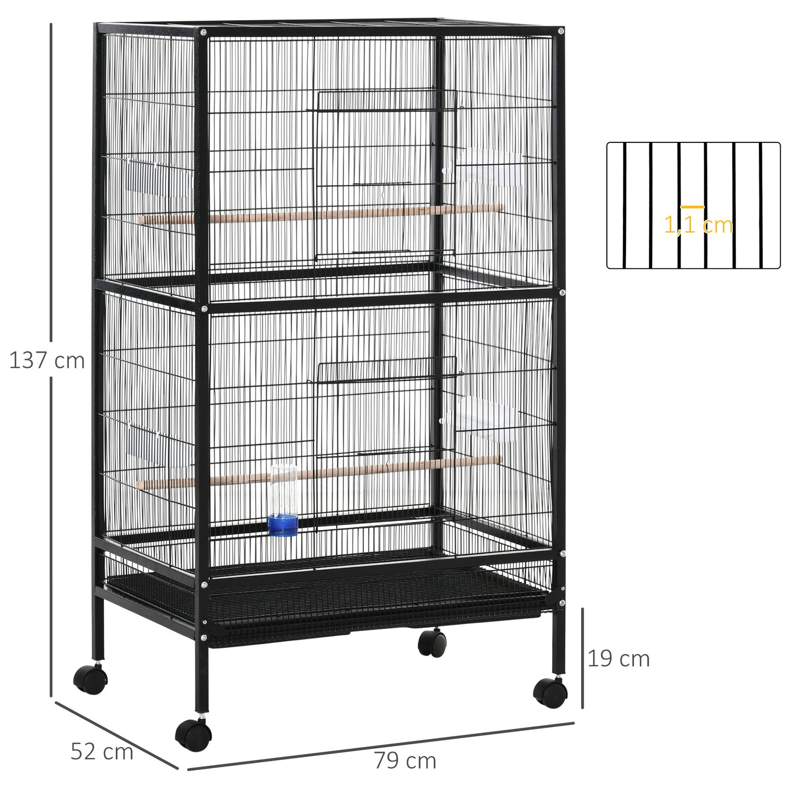 Gaiola para Pássaros com 4 Rodas Gaiola para Pássaros Metálica com Múltiplas Portas 4 Comedouros Bebedouro 2 Poleiros e Bandeja