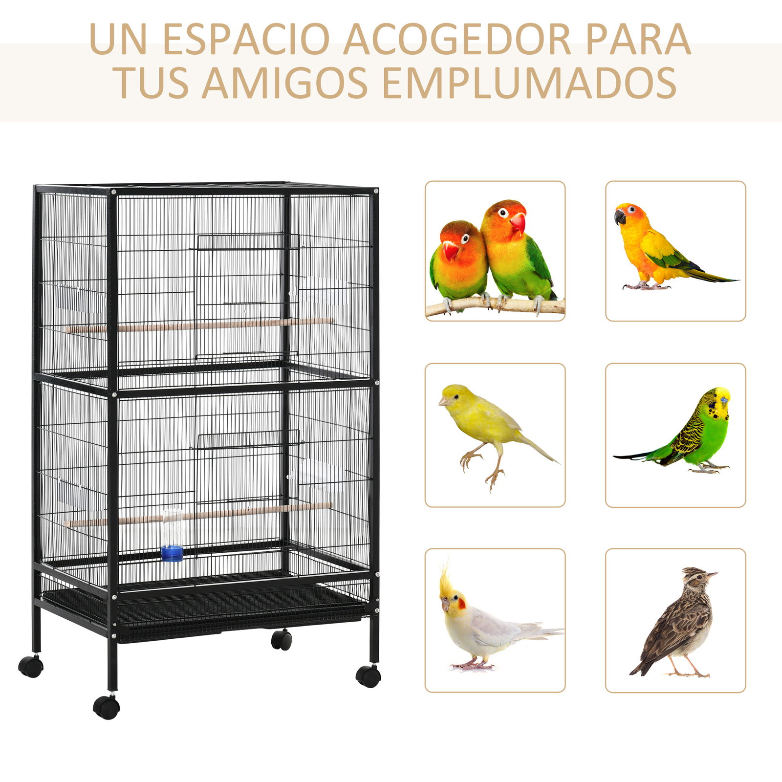Gaiola para Pássaros com 4 Rodas Gaiola para Pássaros Metálica com Múltiplas Portas 4 Comedouros Bebedouro 2 Poleiros e Bandeja