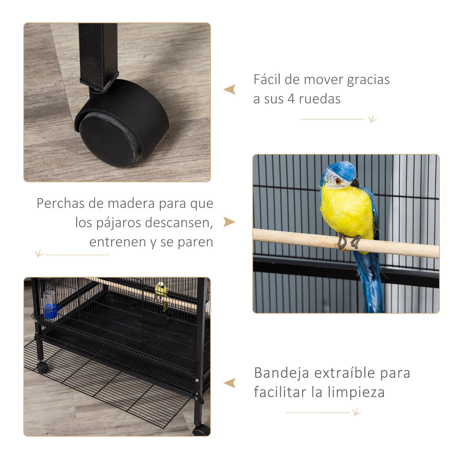 Gaiola para Pássaros com 4 Rodas Gaiola para Pássaros Metálica com Múltiplas Portas 4 Comedouros Bebedouro 2 Poleiros e Bandeja