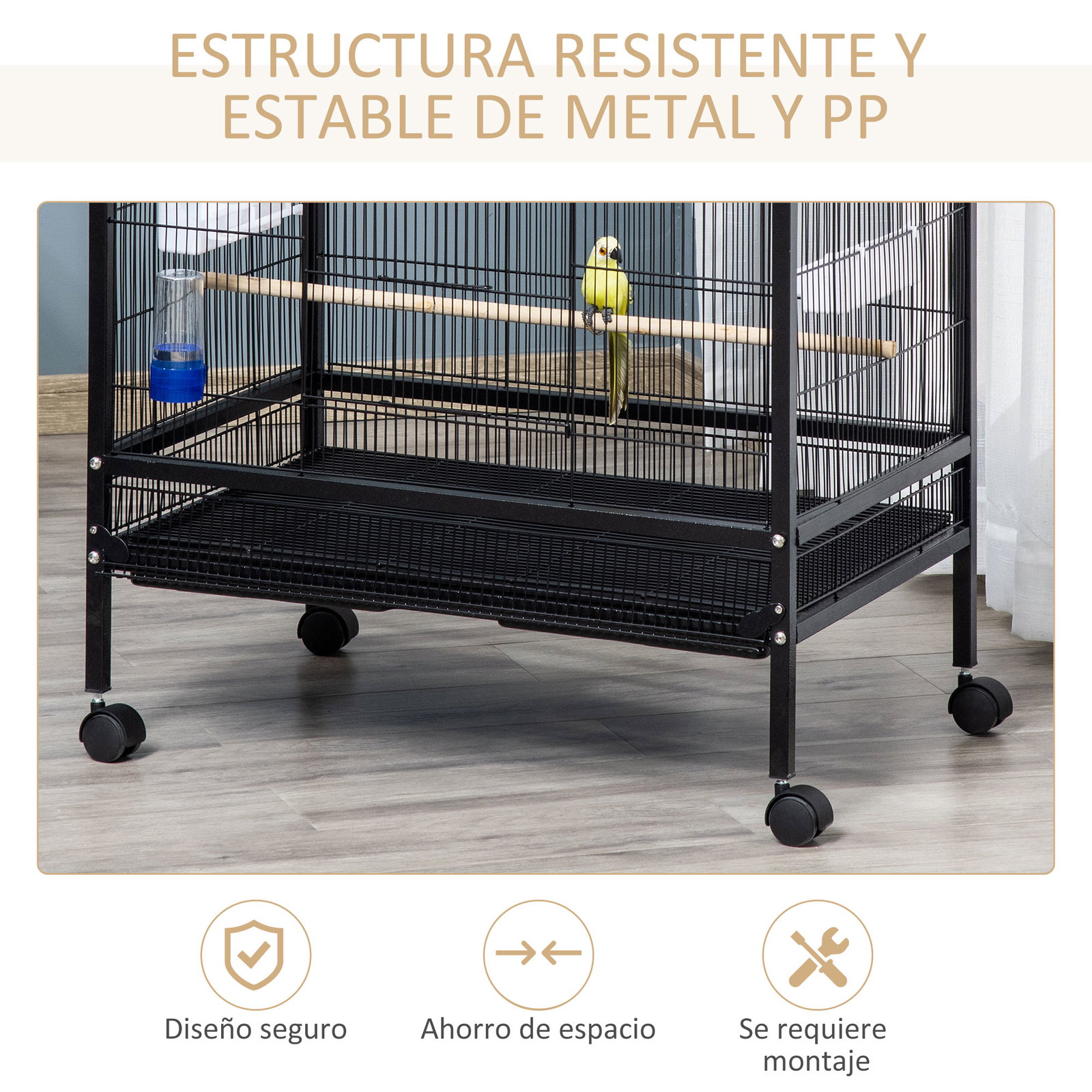Gaiola para Pássaros com 4 Rodas Gaiola para Pássaros Metálica com Múltiplas Portas 4 Comedouros Bebedouro 2 Poleiros e Bandeja