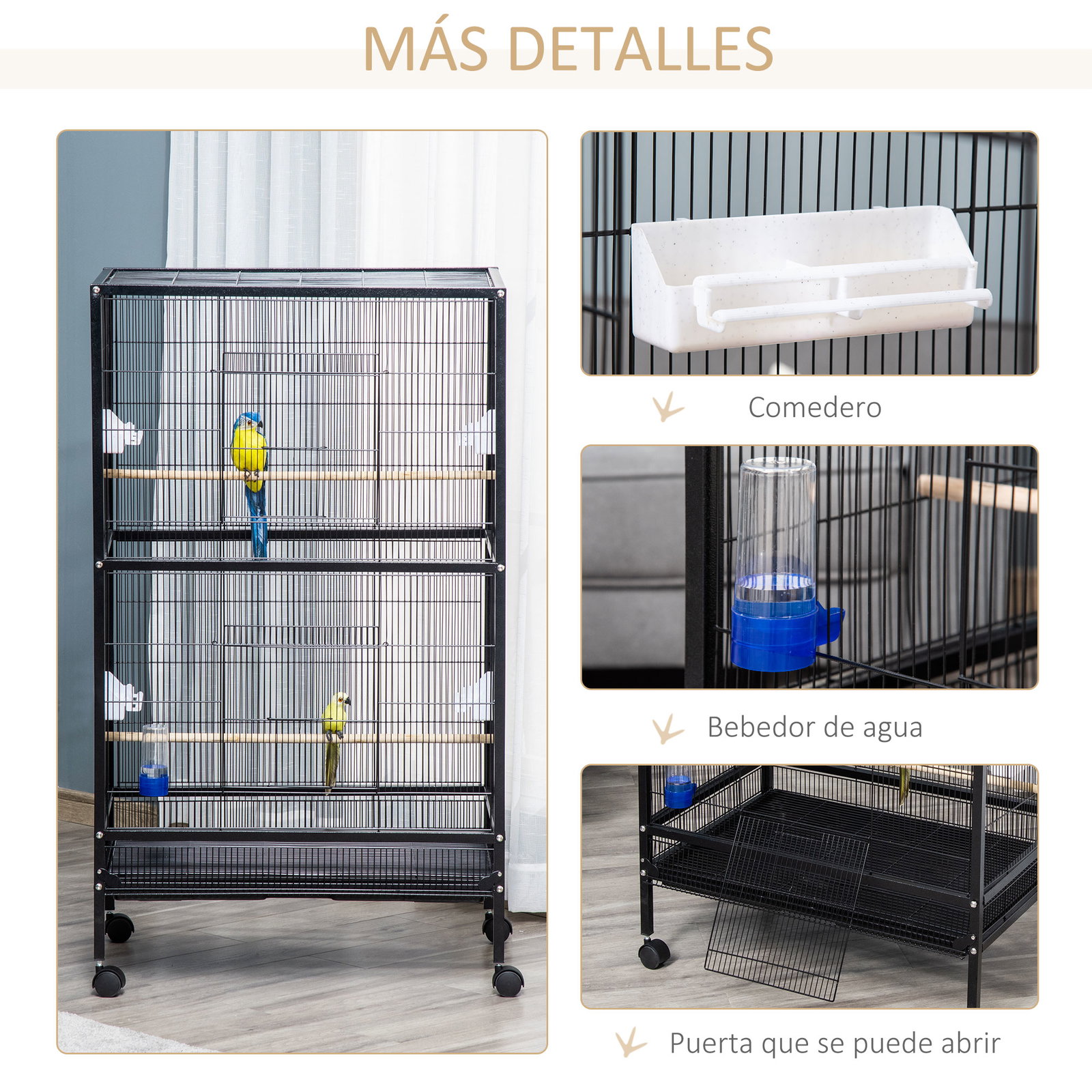 Gaiola para Pássaros com 4 Rodas Gaiola para Pássaros Metálica com Múltiplas Portas 4 Comedouros Bebedouro 2 Poleiros e Bandeja