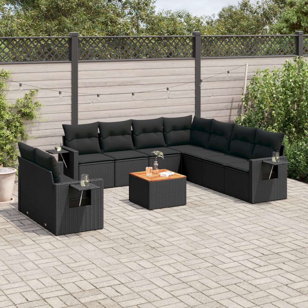 10 Pcs conjunto sofás de jardim c/ almofadões vime PE preto