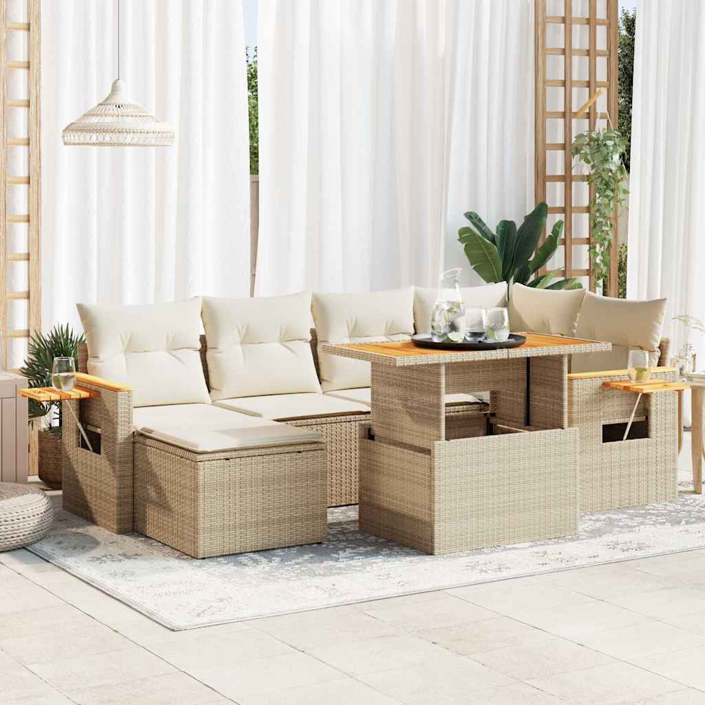 7 Pcs conjunto sofás jardim com almofadões vime PE/acácia bege