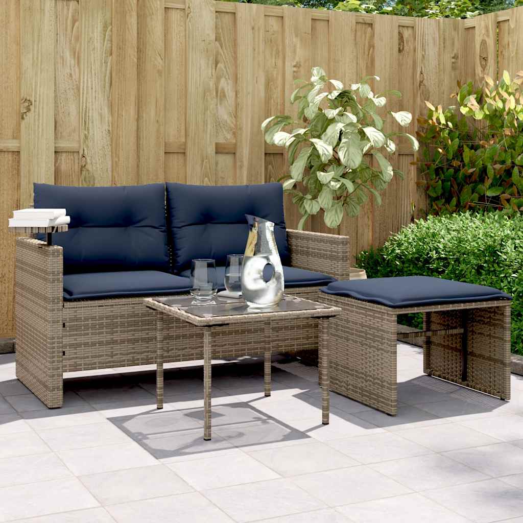Conjunto de sofá de jardim de 3 peças com almofadas em rattan sintético cinza