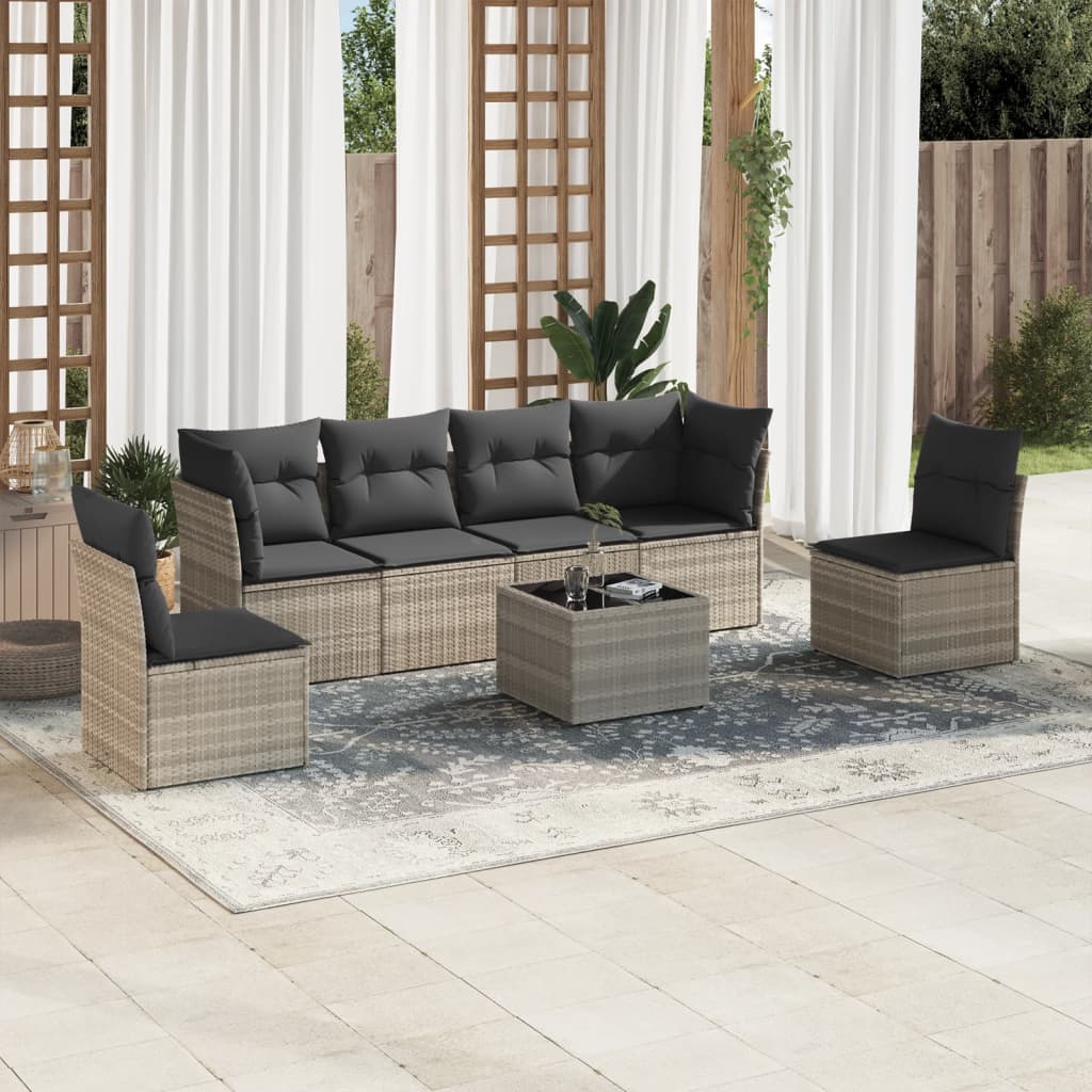 7 Pcs conj. sofás jardim com almofadões vime PE cinzento-claro
