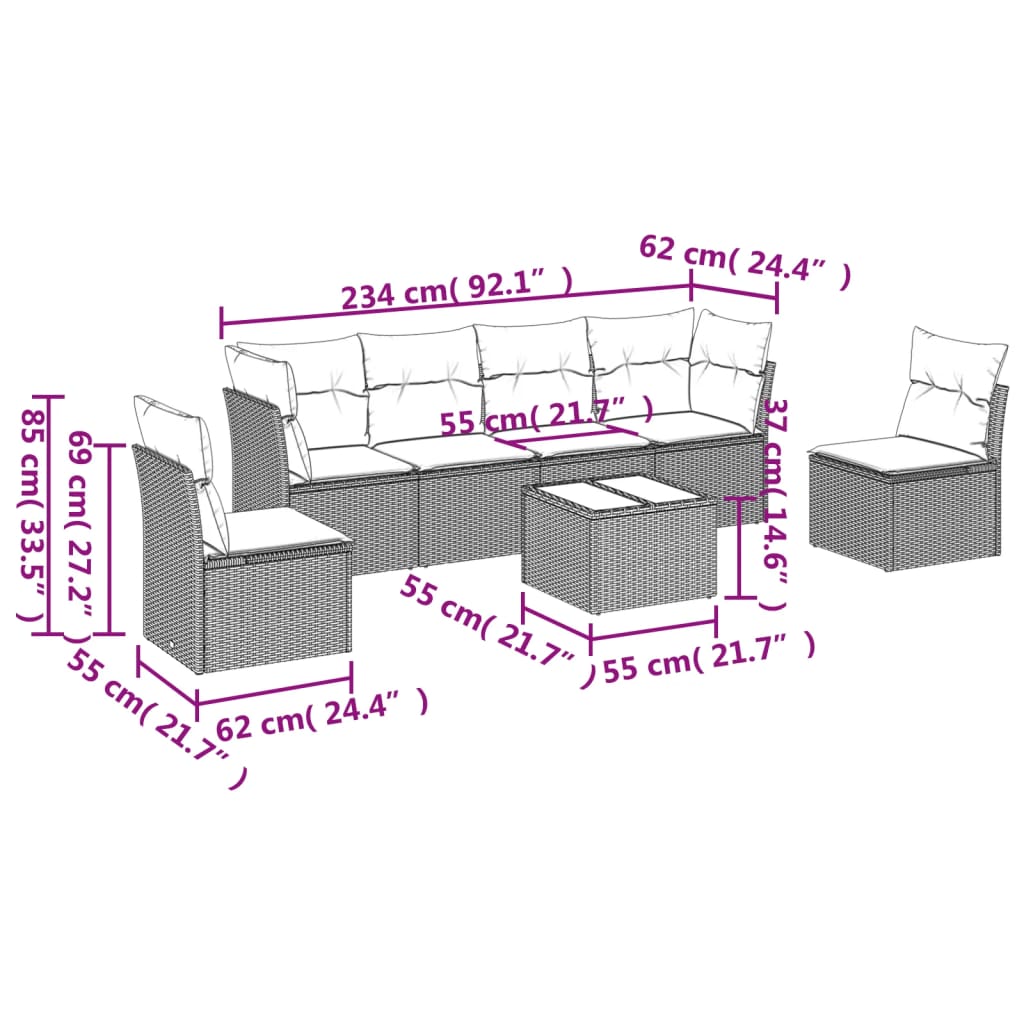 7 Pcs conj. sofás jardim com almofadões vime PE cinzento-claro