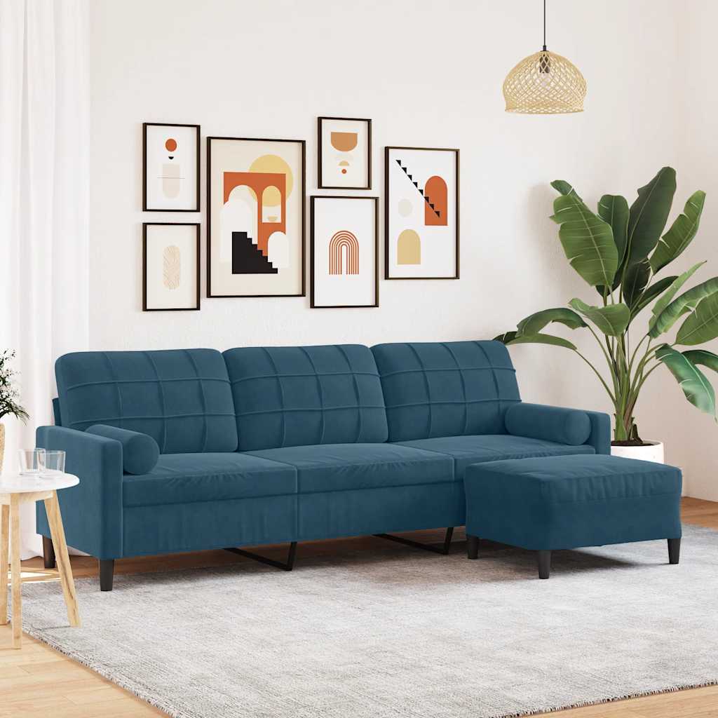 Sofá de 3 lugares com apoio de pés 210 cm veludo azul