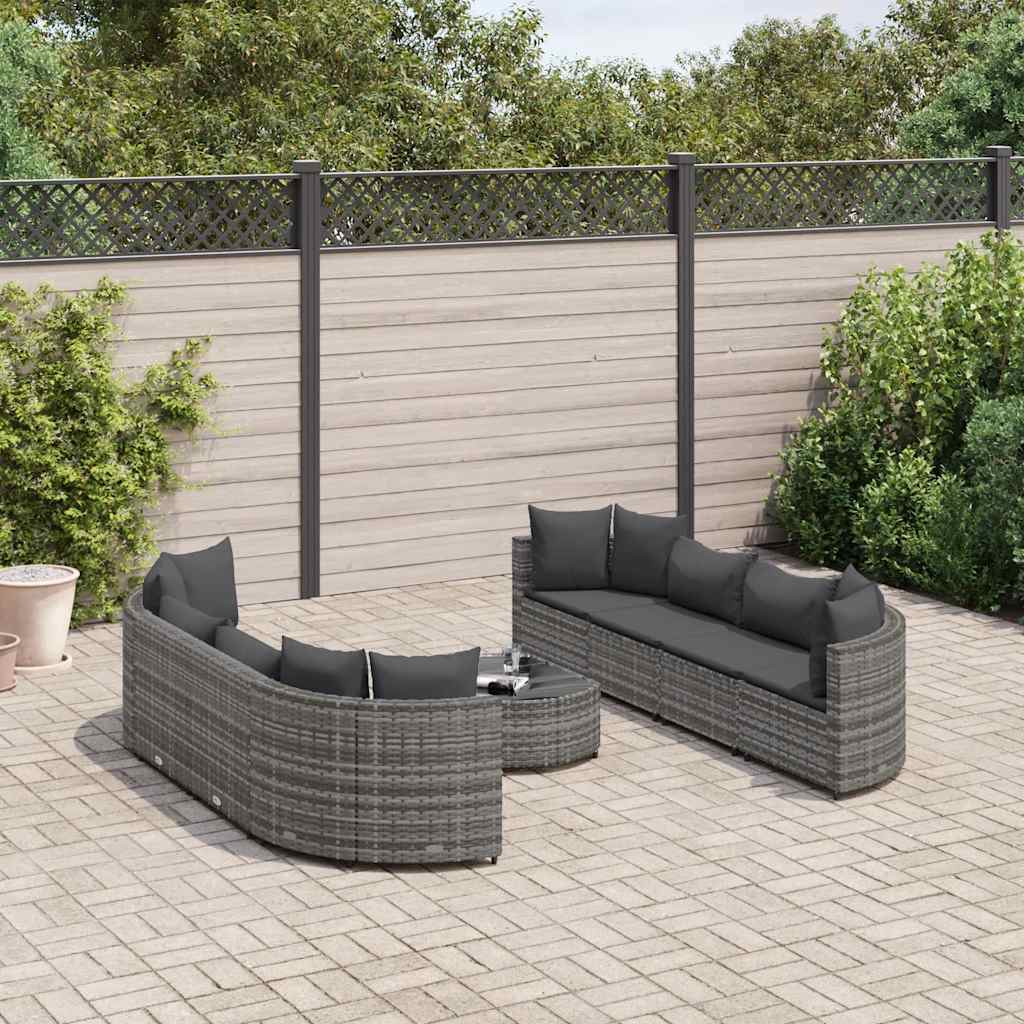 9 Pcs conjunto sofás p/ jardim com almofadões vime PE cinzento