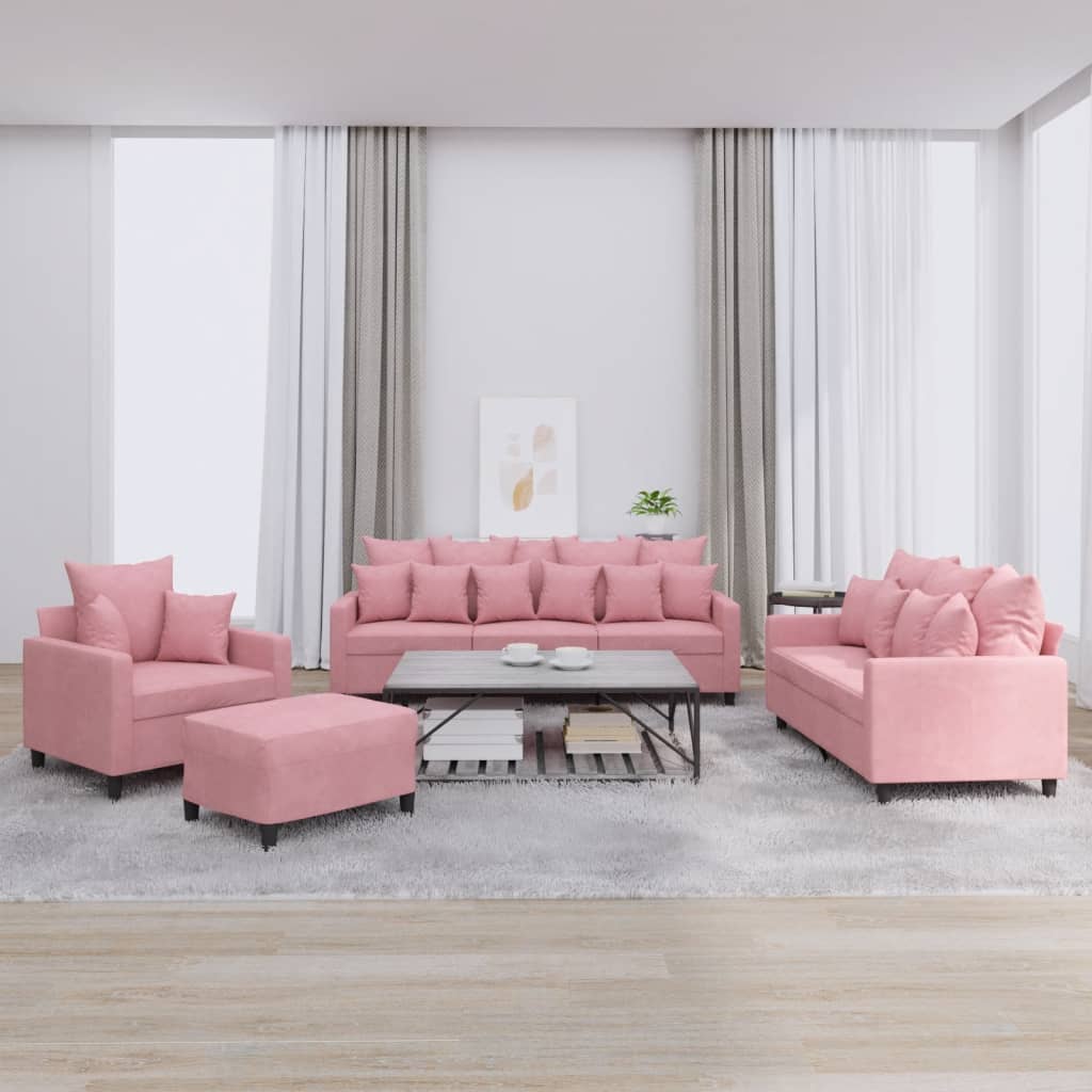 4 Pcs conjunto de sofás com almofadões veludo rosa