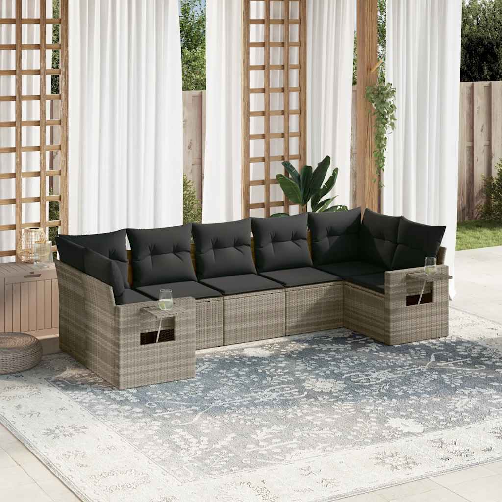7 Pcs conj. sofás jardim com almofadões vime PE cinzento-claro