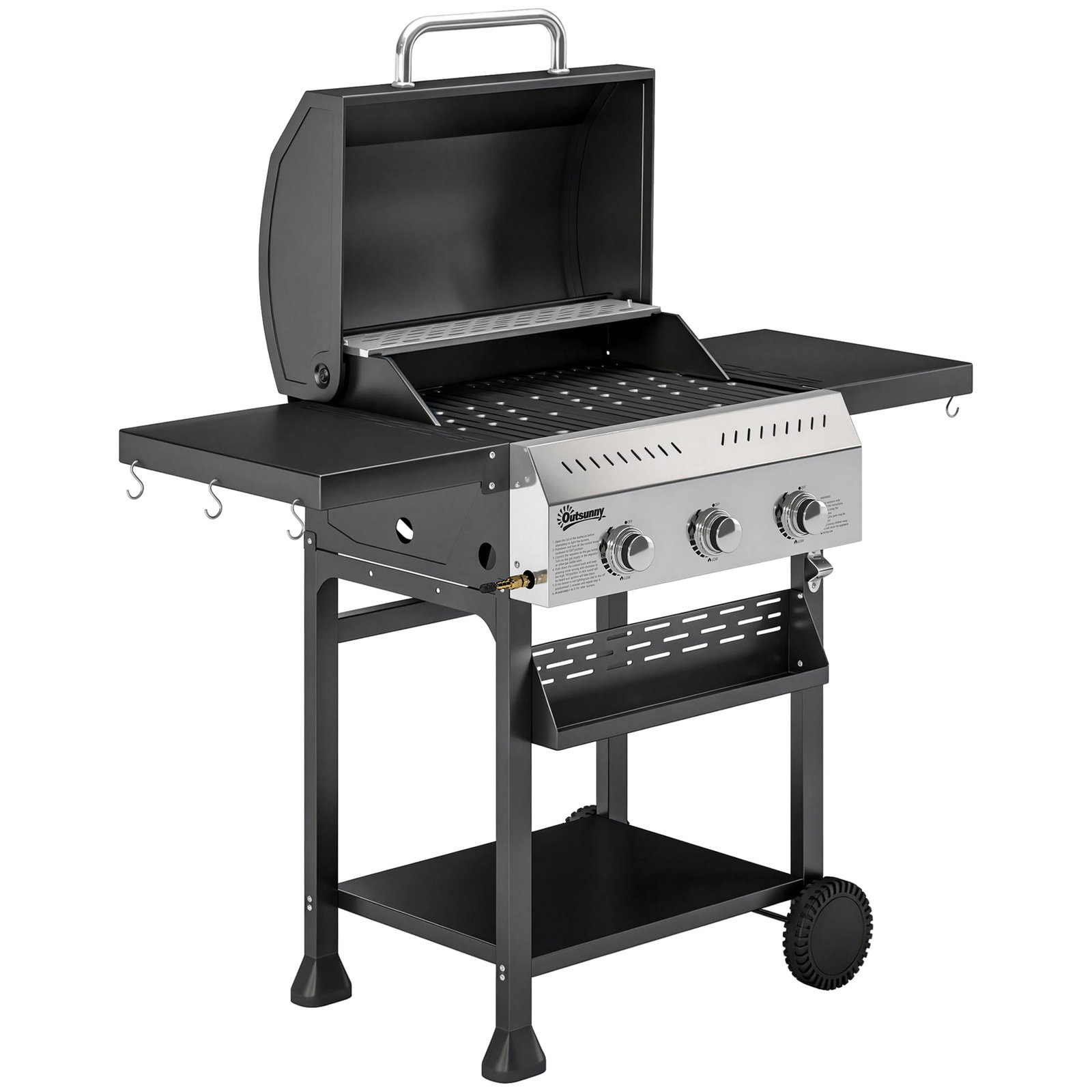 Barbecue a gás com 3 queimadores 9 kw termómetro mesas laterais dobráveis e 2 rodas ganchos preto