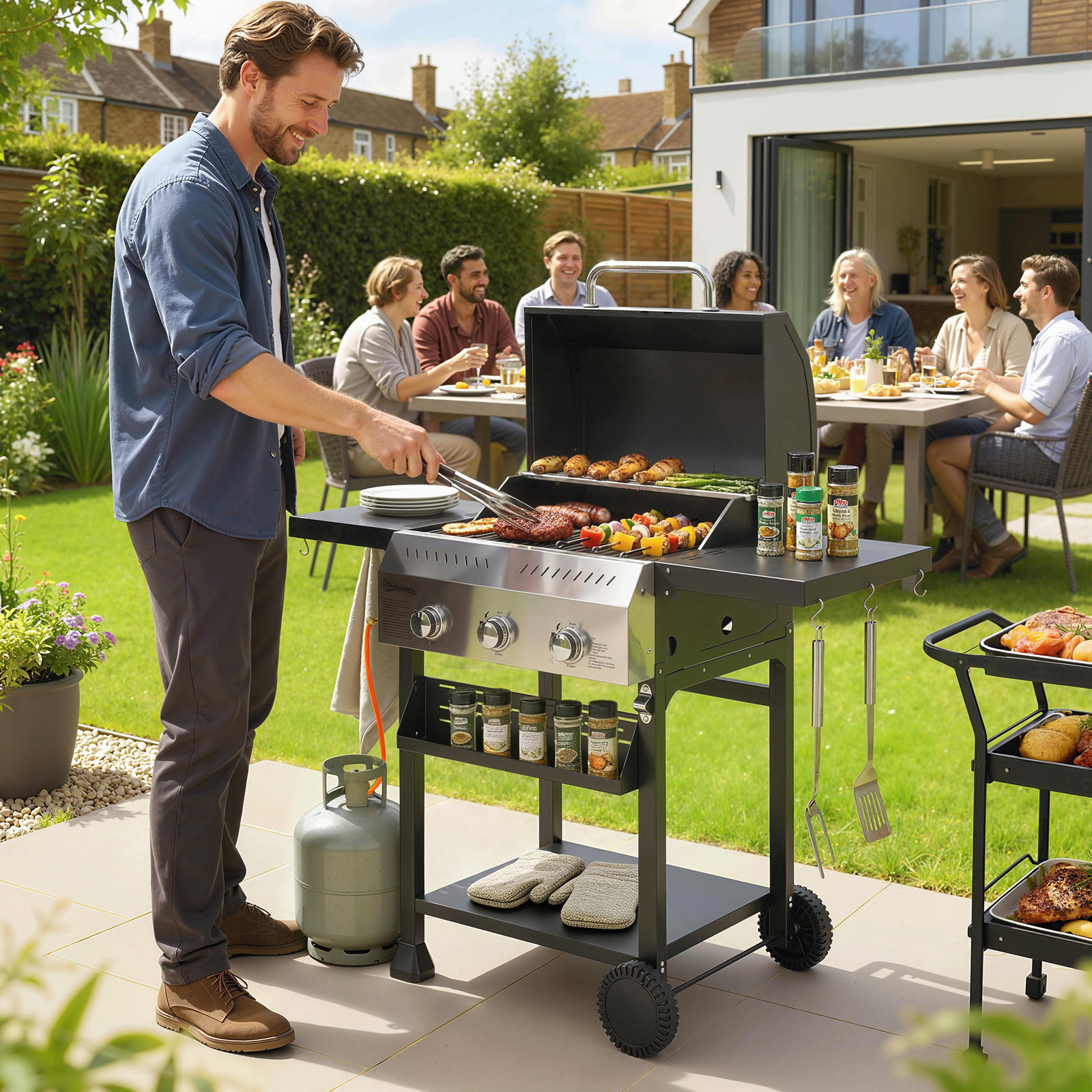 Barbecue a gás com 3 queimadores 9 kw termómetro mesas laterais dobráveis e 2 rodas ganchos preto
