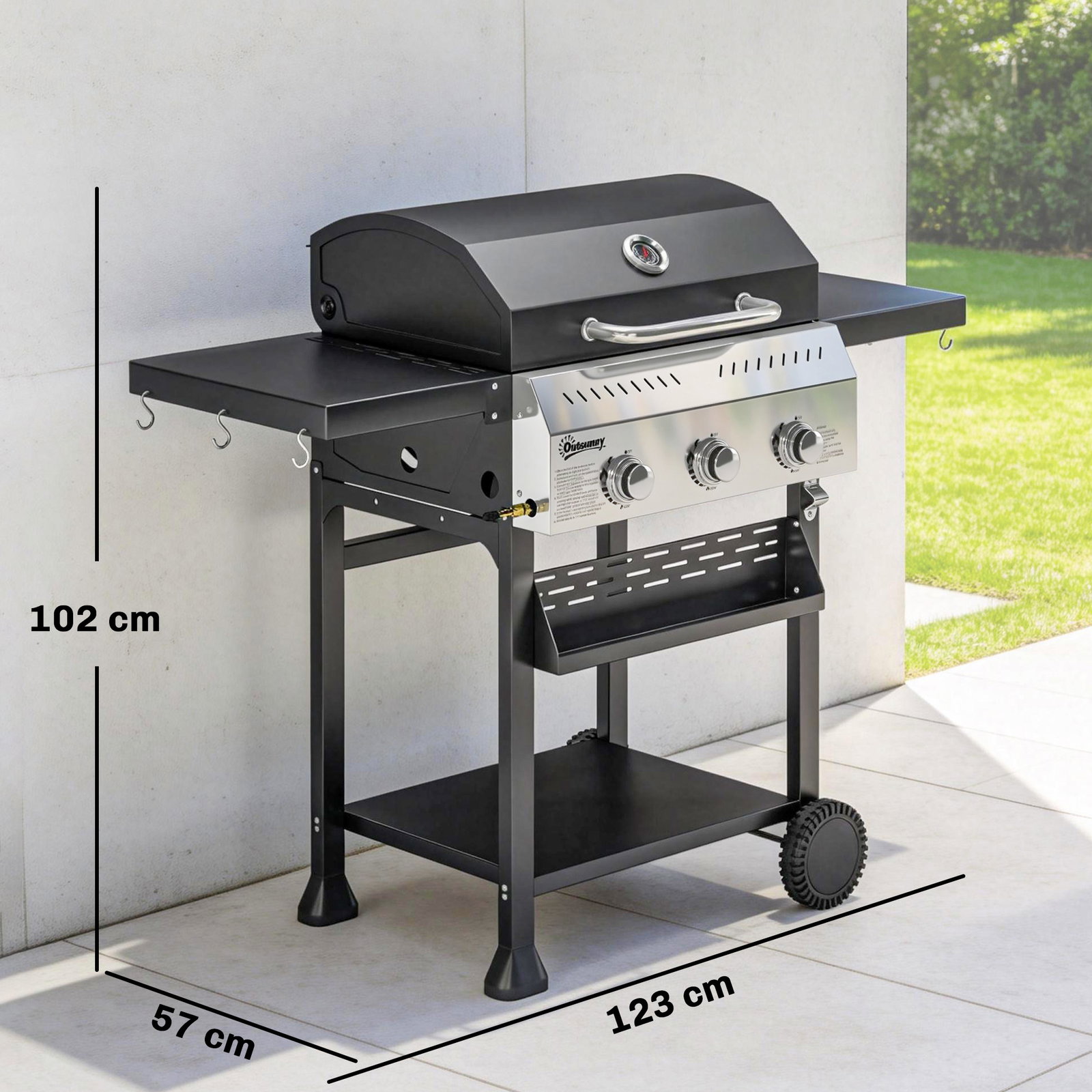 Barbecue a gás com 3 queimadores 9 kw termómetro mesas laterais dobráveis e 2 rodas ganchos preto