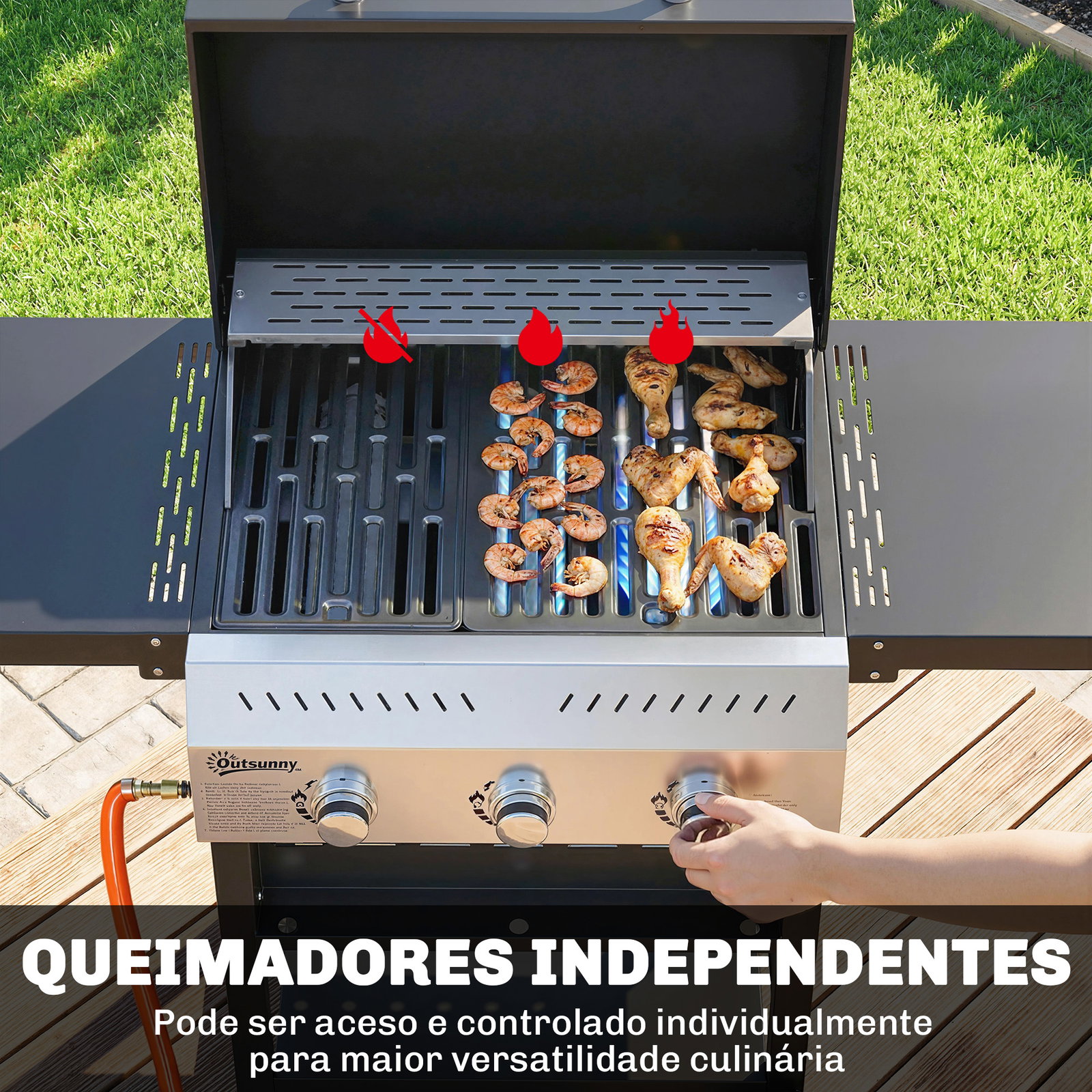 Barbecue a gás com 3 queimadores 9 kw termómetro mesas laterais dobráveis e 2 rodas ganchos preto