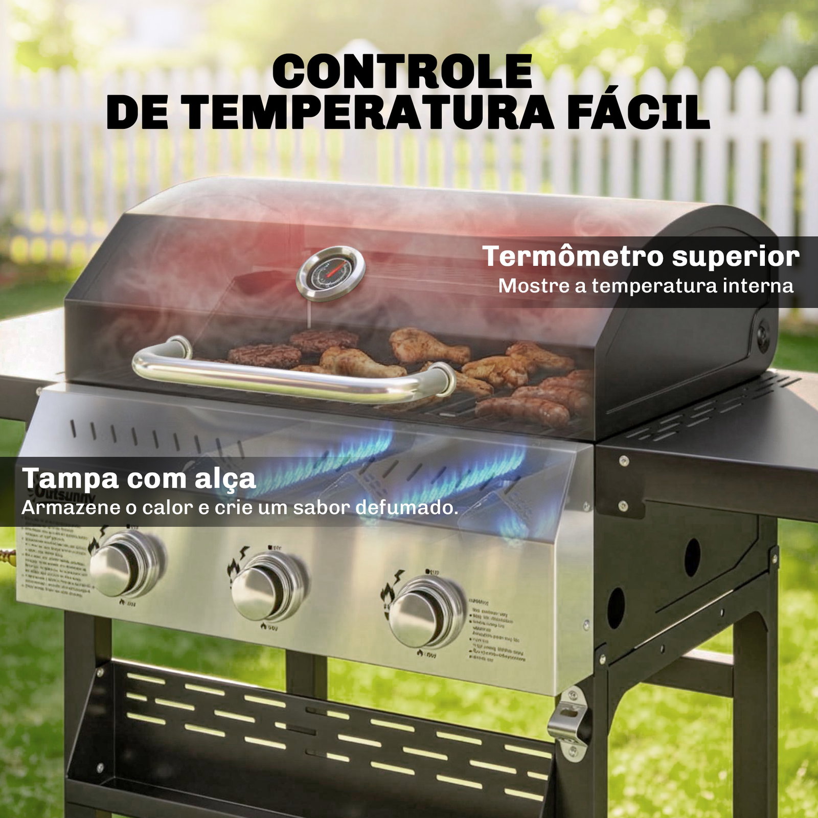 Barbecue a gás com 3 queimadores 9 kw termómetro mesas laterais dobráveis e 2 rodas ganchos preto