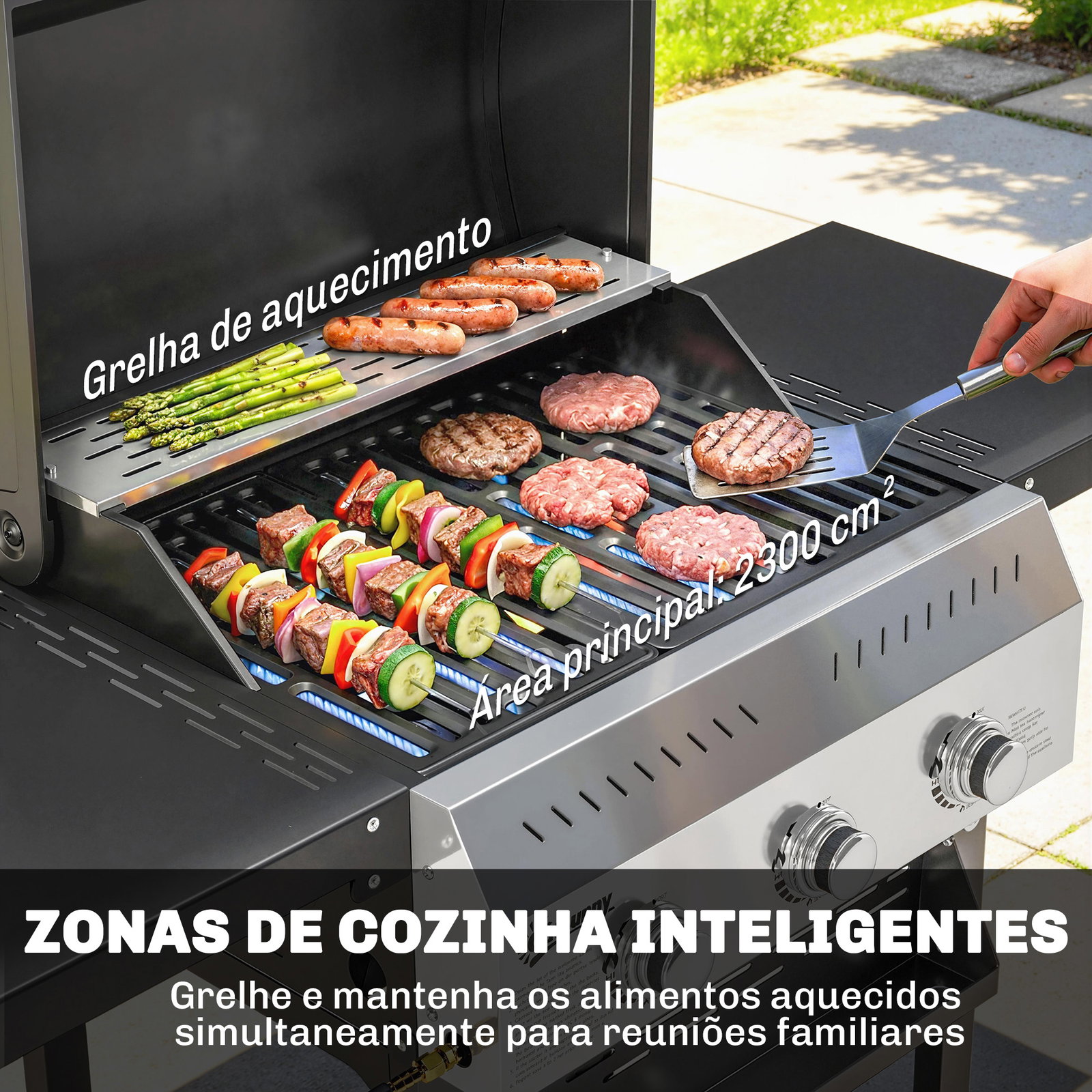 Barbecue a gás com 3 queimadores 9 kw termómetro mesas laterais dobráveis e 2 rodas ganchos preto