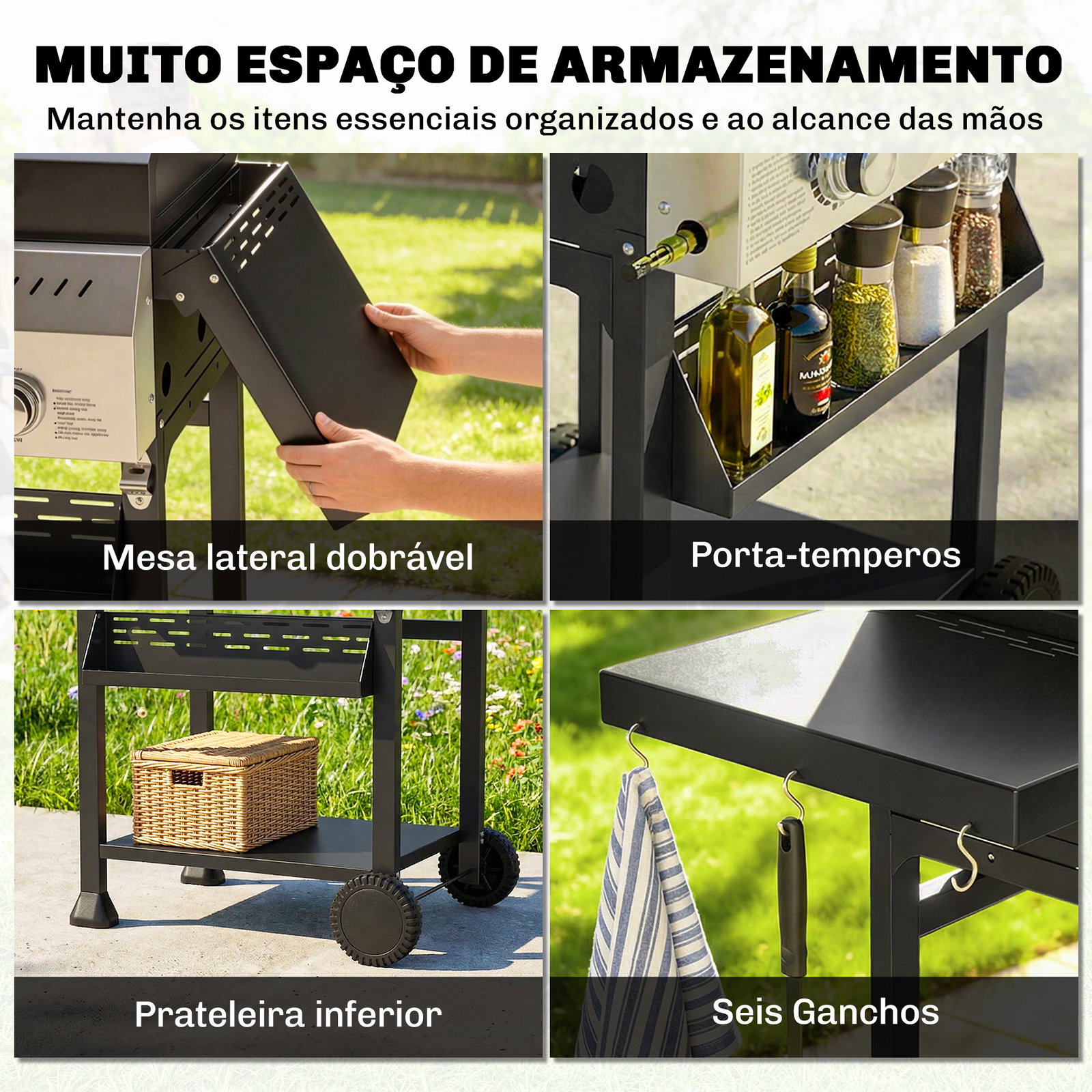 Barbecue a gás com 3 queimadores 9 kw termómetro mesas laterais dobráveis e 2 rodas ganchos preto