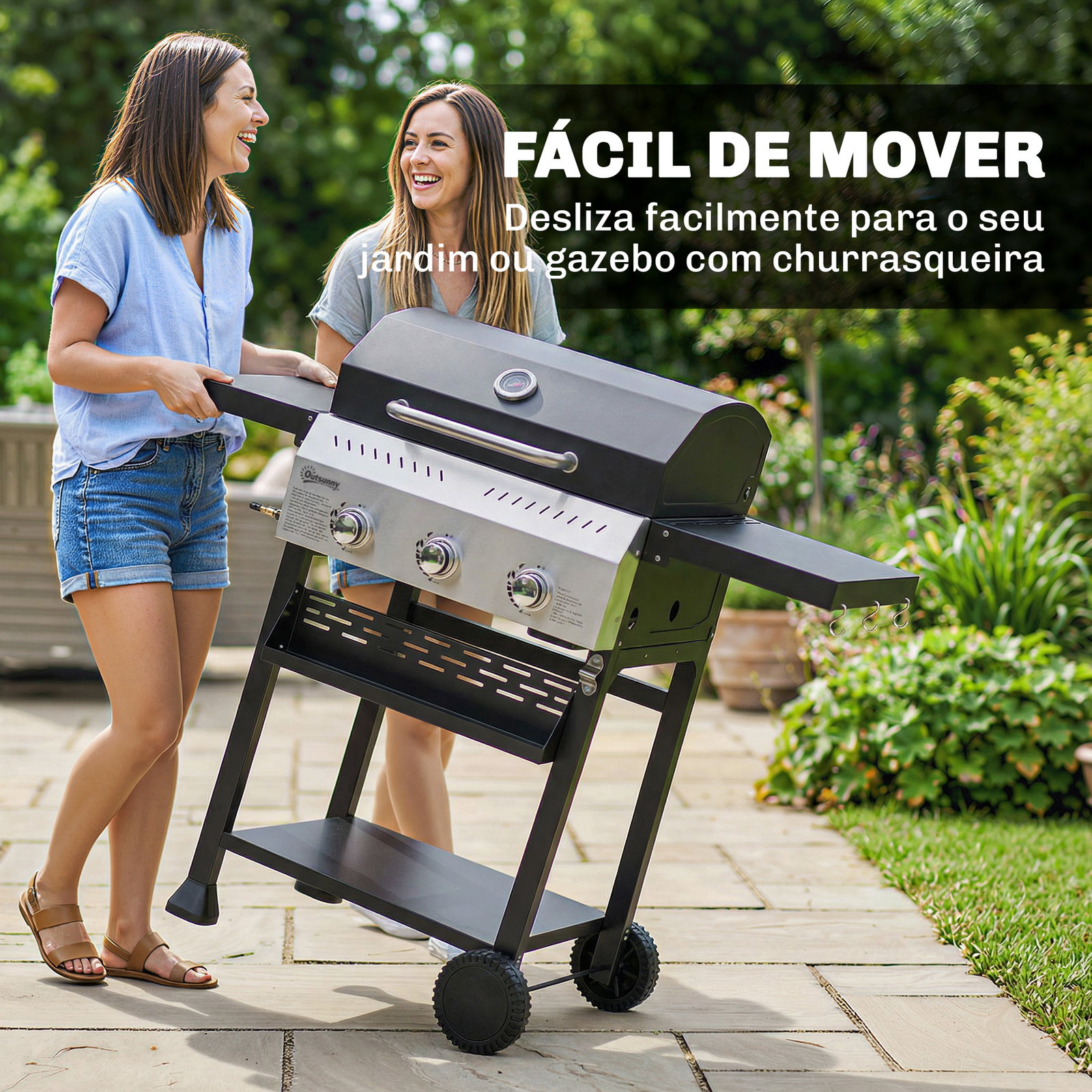 Barbecue a gás com 3 queimadores 9 kw termómetro mesas laterais dobráveis e 2 rodas ganchos preto
